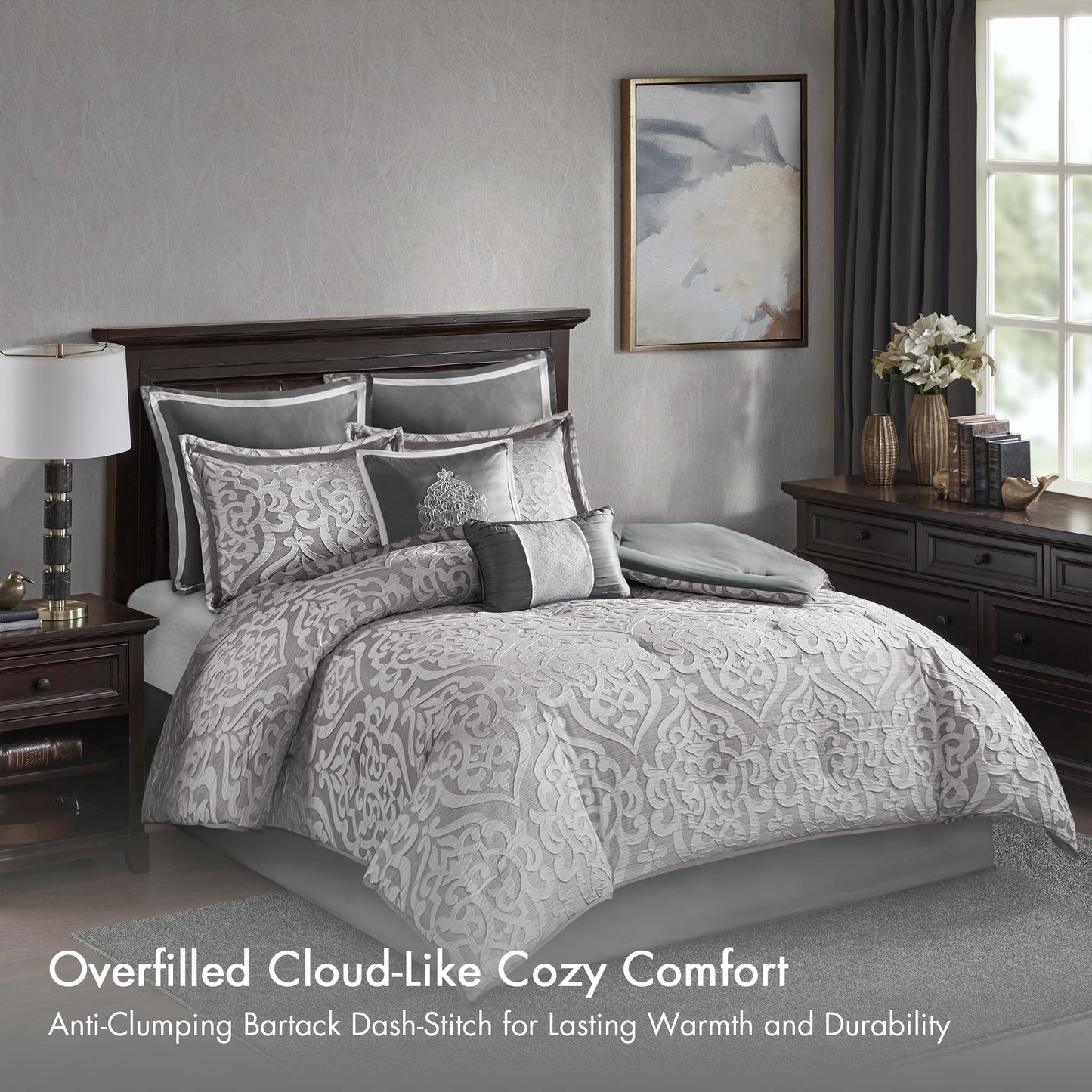 Madison Park Odette Cozy Comforter Set Jacquard Damask Medallion Design - Modern All Season, Down Alternative Bedding, Shams, Decorative Pillows, King(104 in x 92 in), Silver 8 Piece