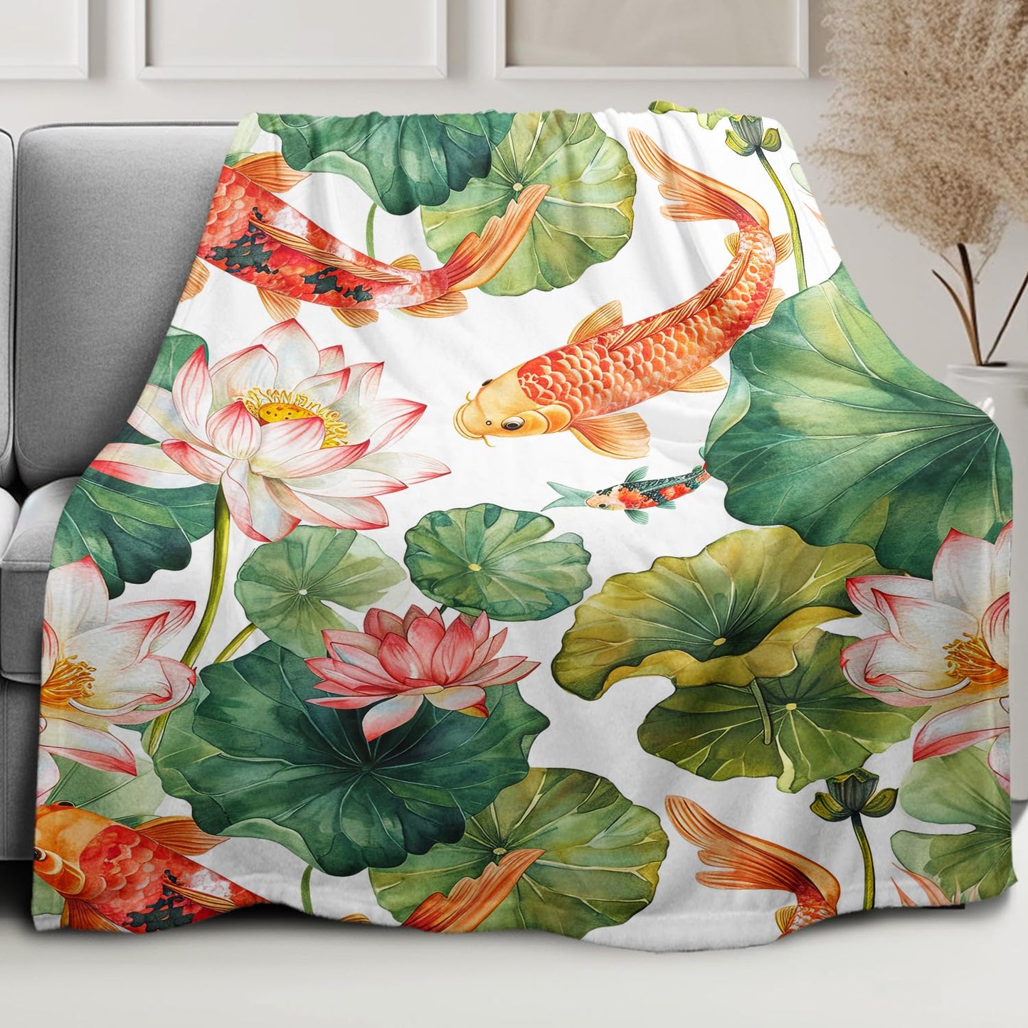 Lotus & Koi Fish Blanket, Traditional Art Home Decor, Super Soft Fleece Throw Blankets for Couch Sofa Bed, 60" x 80"