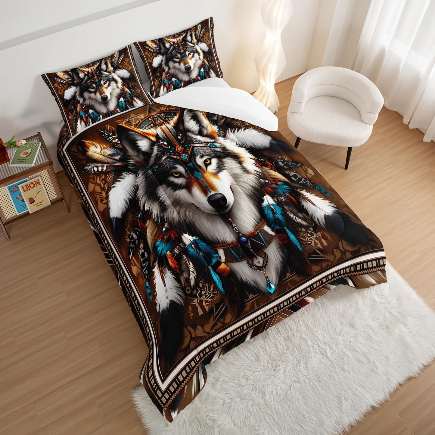 HOSIMA Wolf Twin Comforter Set,Tribe Decoration Print Animal Bedding for Teens Boys Room Decor,Lightweight Fluffy Dreamcatcher Feather Pattern Wolf Bedding Set for Kids with 2 Pillowcases.