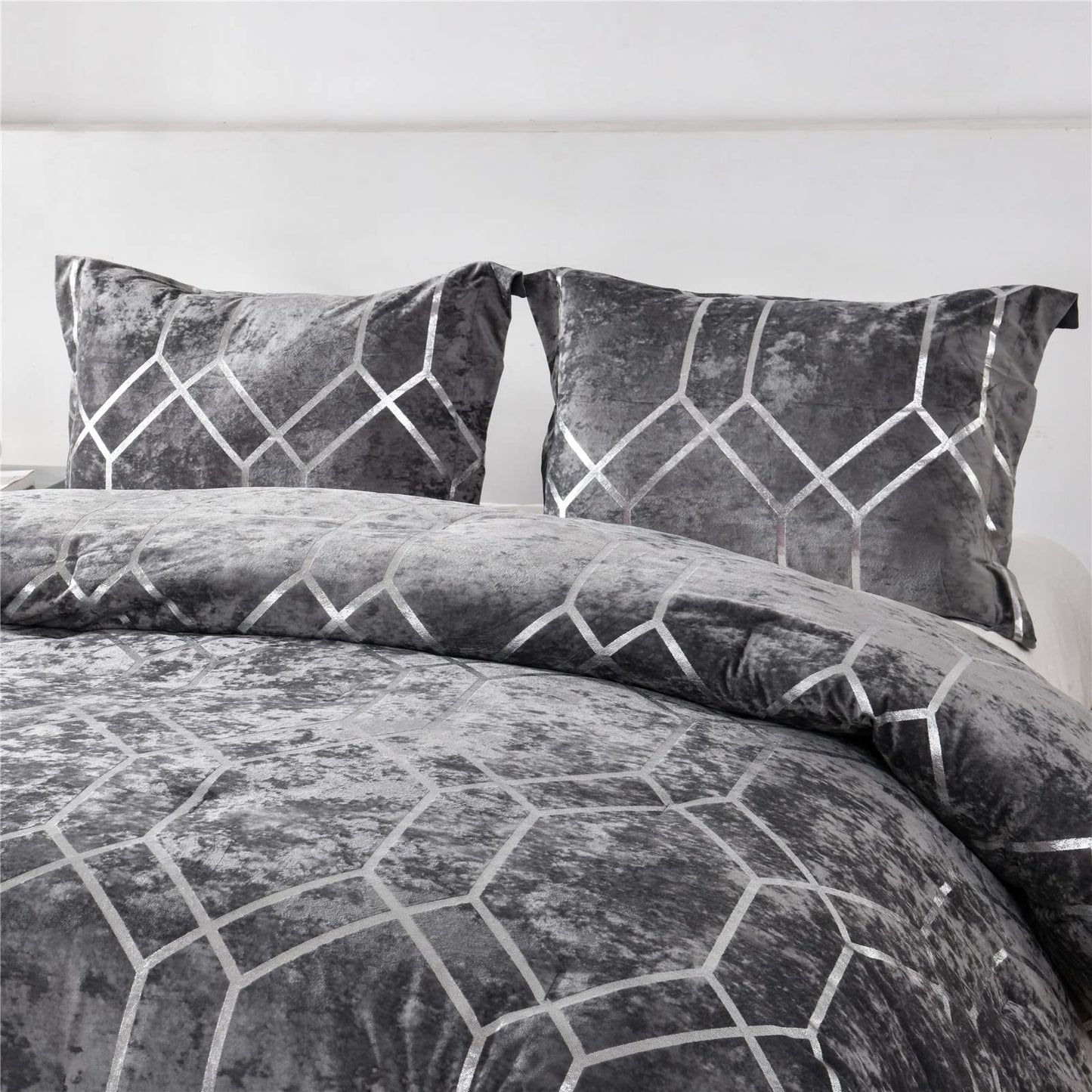 Sunshine Nicole Metallic Print Comforter Set, Distressed Velvet Face with Metallic Print and Brushed Solid Microfiber Reverse, with Light Weight Soft Poly Fill, 3 Pieces Grey Silver, Queen