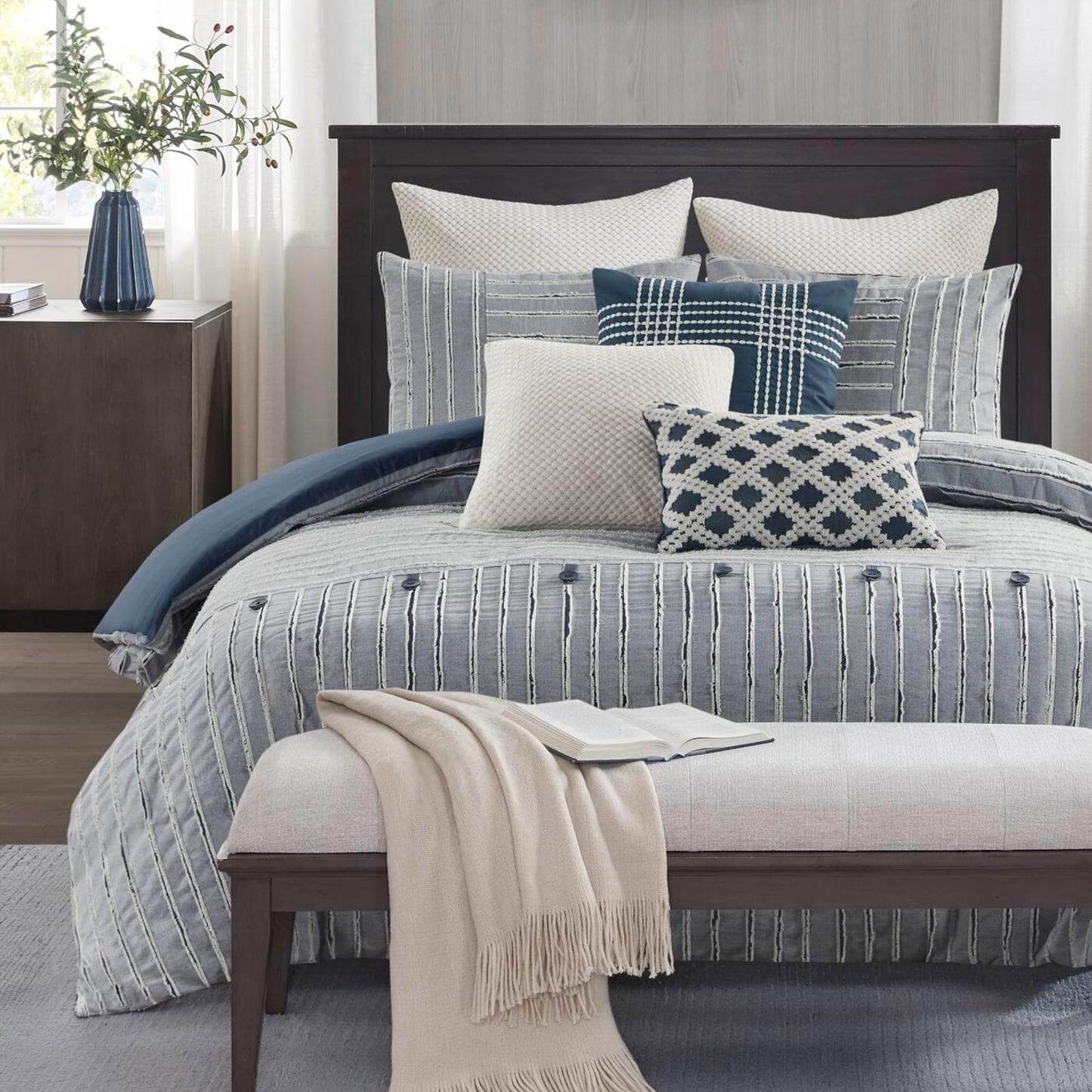 Madison Park Comforter Cotton Clipped Jacquard, Oversized Comforters King Size Bed, All Season Down Alternative Overfilled King Size Comforter, Essence, King/Cal King, Blue 9 Piece