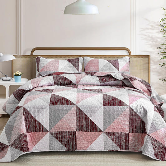 Dintszyayue Pink Quilt Queen Size, 3 Pieces Triangular Patchwork Bedspread Bedding for Queen Size Bed, Soft Lightweight Microfiber Geometric Coverlet Set for All Spring Quilt with 2 Pillowcases90 x96