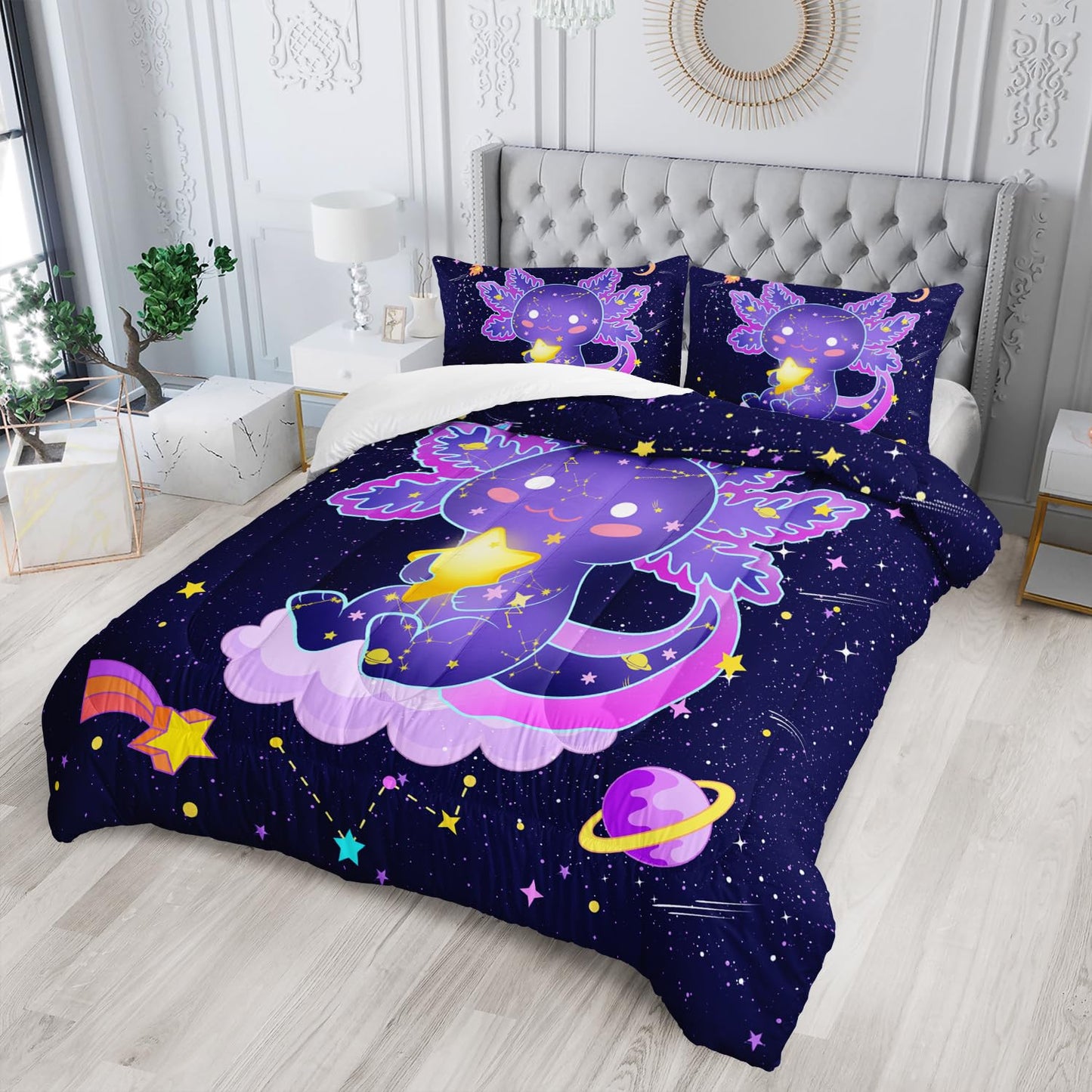 Galaxy Axolotl Comforter Set Queen Size,Kawaii Animals Cartoon Space 3 Bedding Set for Girls Boys Kids,Rocket Starry Sky Lightweight Down Alternative with 2 Pillowcases for Bedroom Decorative