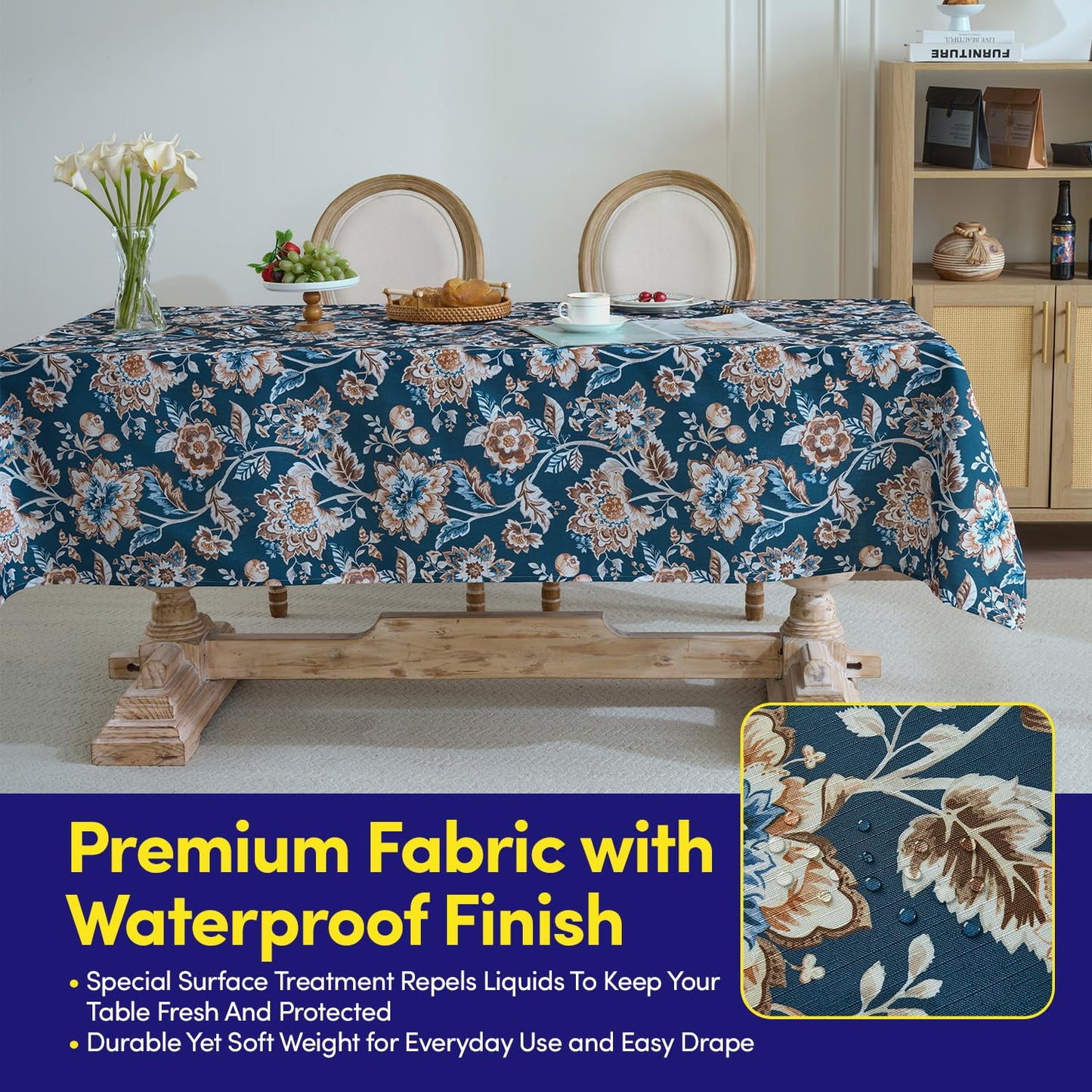 Rectangle Tablecloth 60" x 84" 100% Waterproof Fabric — Wipe-Clean, Tear-Proof Decorative Table Cover for Indoor & Outdoor Dining Elegant Patterns for Kitchens, Dining Rooms, Jacobean