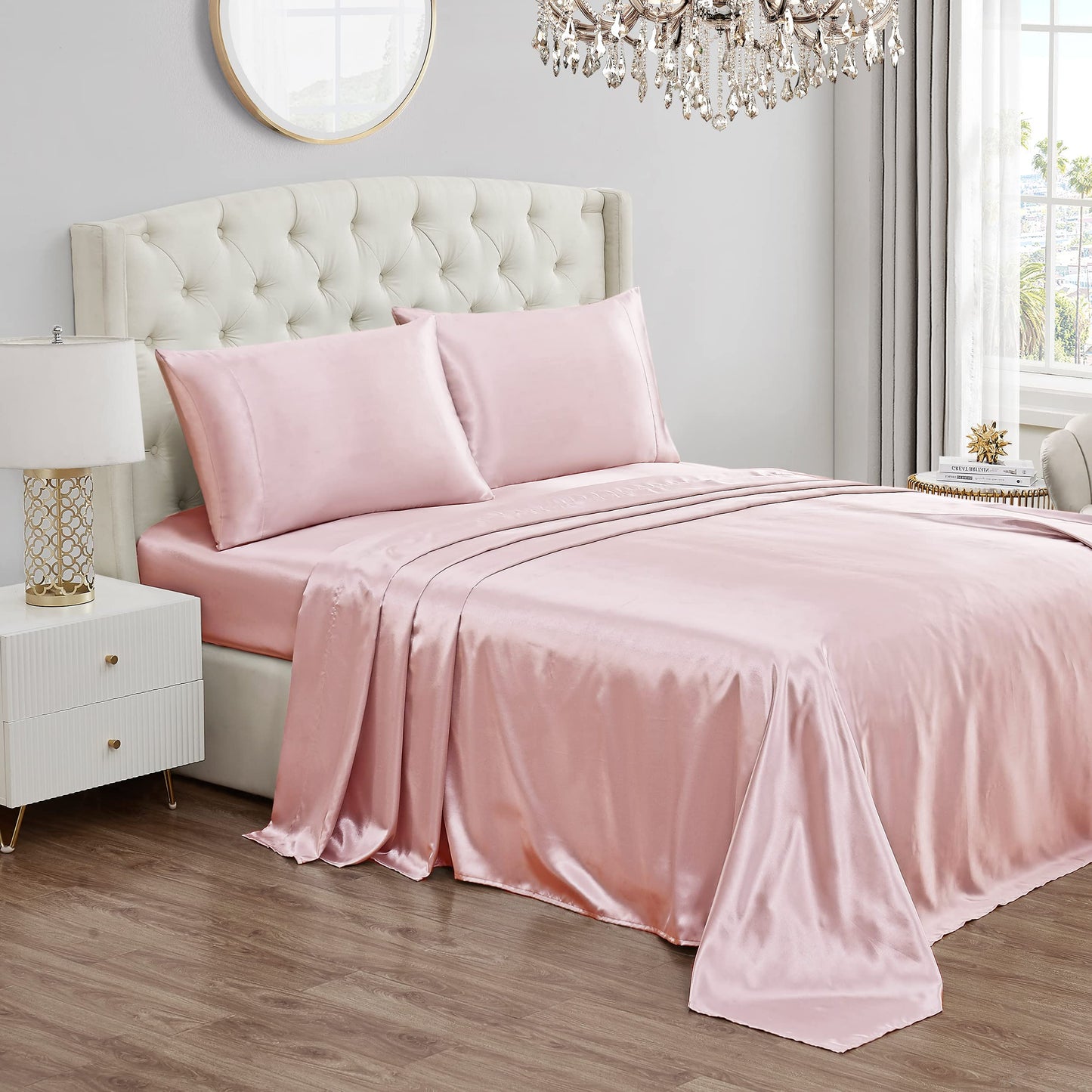 Juicy Couture Full Size Silk Satin Bed Sheet Set, Deep Pocket Silky Full Sheet Set with 1 Fitted Sheet, 1 Flat Sheet and 2 Pillow Case, Wrinkle Resistant and Anti Pilling Bed Sheets - Pink