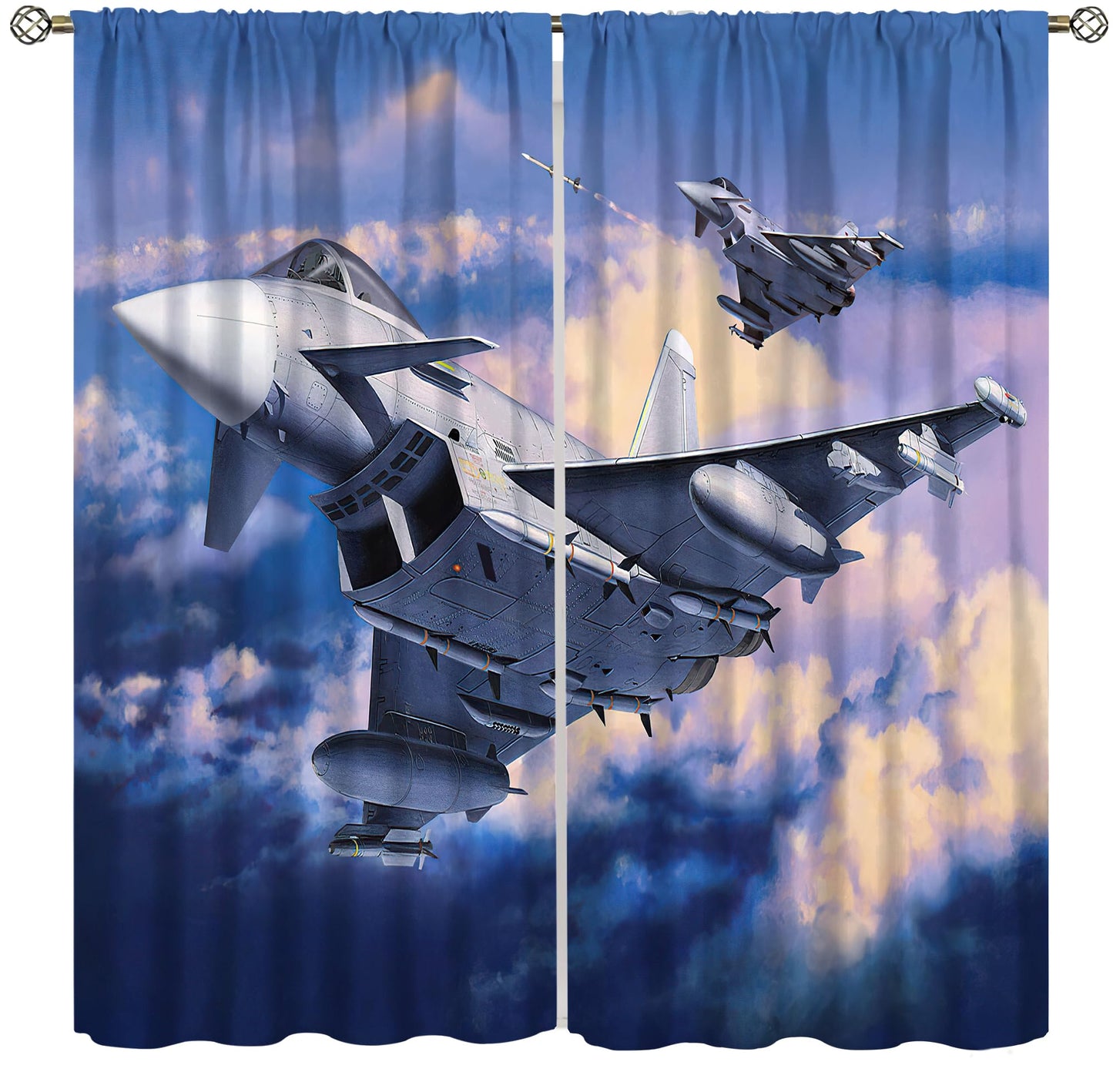 VUMIVI Fighter Jet Curtains European Combat Aircraft Typhoon Rafale Soaring 3D Close-Up Military Theme Rod Pocket Window Treatments for Boys Bedroom Kitchen Living Dining Room Office 42" W X 44.5" L