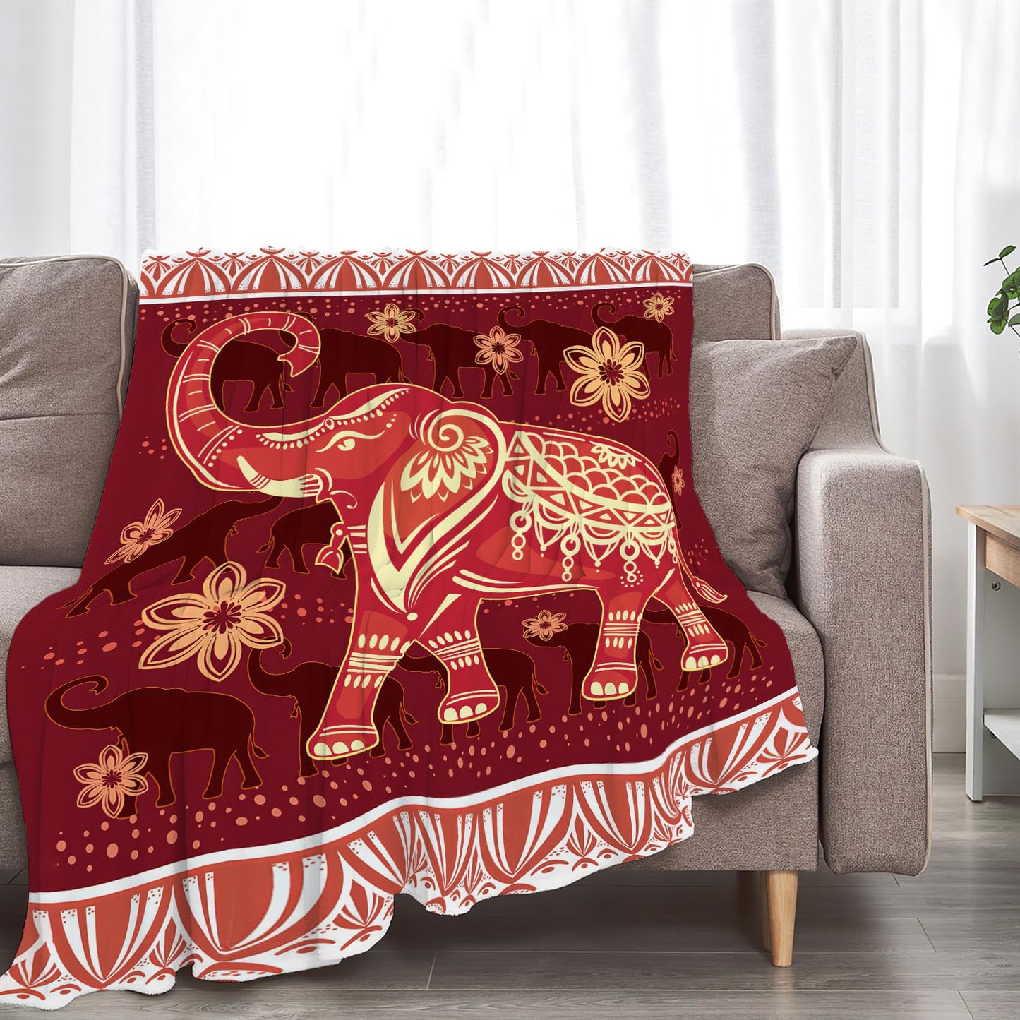 SweetFox Elephant Blanket Red Boho Elephant Decor Throw Blanket Gifts for Girls Boys Super Warm Soft Plush Lightweight Fleece Flannel Winter Couch Bedding Blankets for Kids Adults Women Men 50"X40"