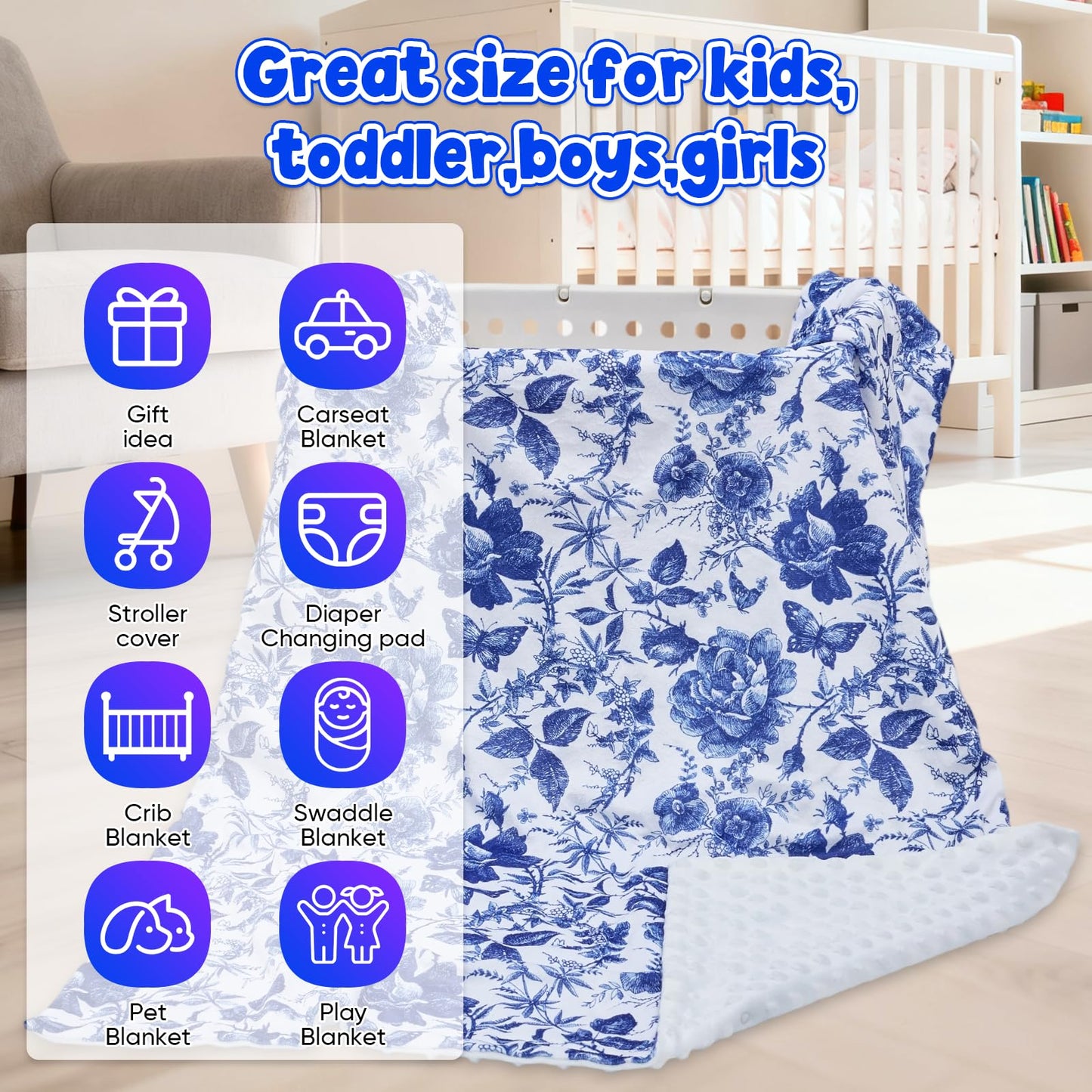 Baby Blanket for Boys Girls Super Soft Double Layer Minky with Dotted Backing Cute Cow Crib Receiving Blanket Bed Throws for Newborns Nursery Stroller Toddler 30 x 40 Inch (Blue Floral)