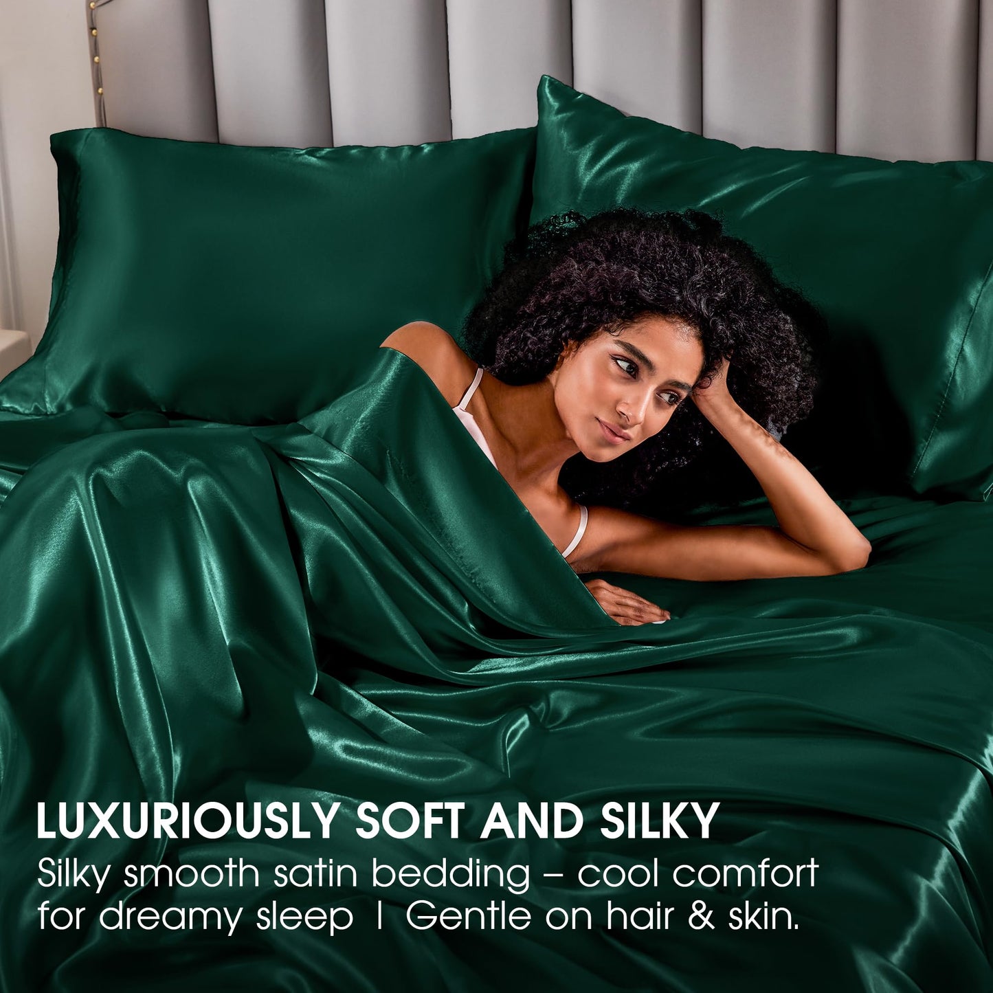 FreshCulture Satin Sheets Full Size - 4 Piece Luxury Soft Silky Full Size Bed Sheets, Similar to Silk Bed Sheet Set with 1 Deep Pocket Fitted Sheet, 1 Flat Sheet & 2 Pillowcases (Dark Green)