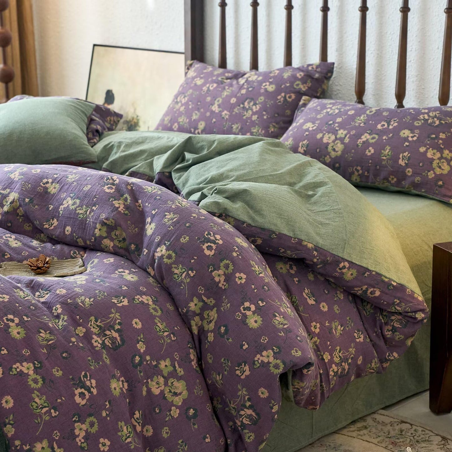 mixinni Vintage Floral Duvet Cover King Set - Purple & Green Reversible Jacquard, 100% Yarn-Dyed Double-Layer Cotton, Breathable Luxury Bedding (3-Piece, Includes 2 Pillowcases) Farmhouse & Bohemian