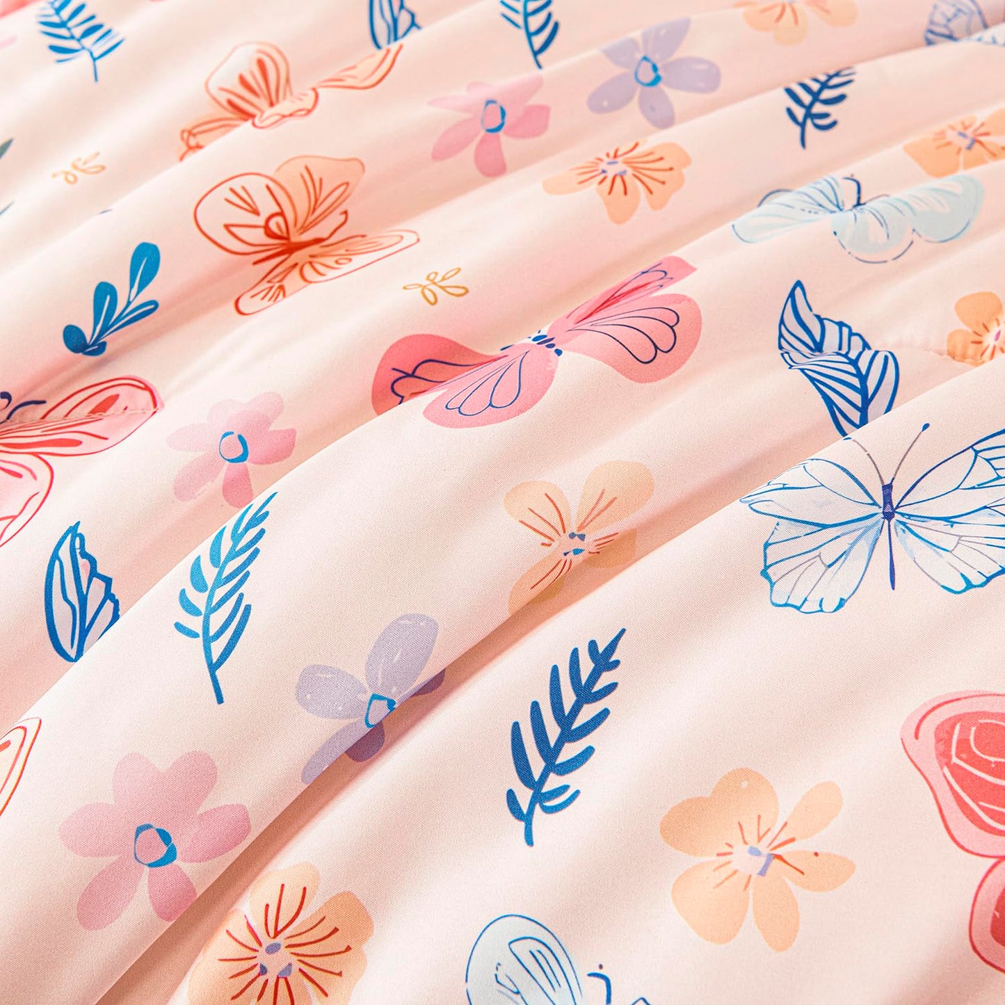 URBONUR Cute Butterfly Toddler Bedding Set for Girls, 4 Piece Bed-in-a-Bag Toddler Microfiber Comforter Sheet Set, Botanical Flowers Printed, All Season Easy Care