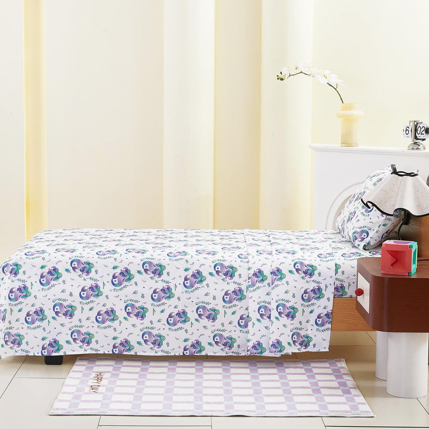 lasoftan Kids Sheet Set Twin Size, Twin Sheet Set with Mermaid Pattern，Breathable Silky Soft Microfiber Kids Fitted Sheet