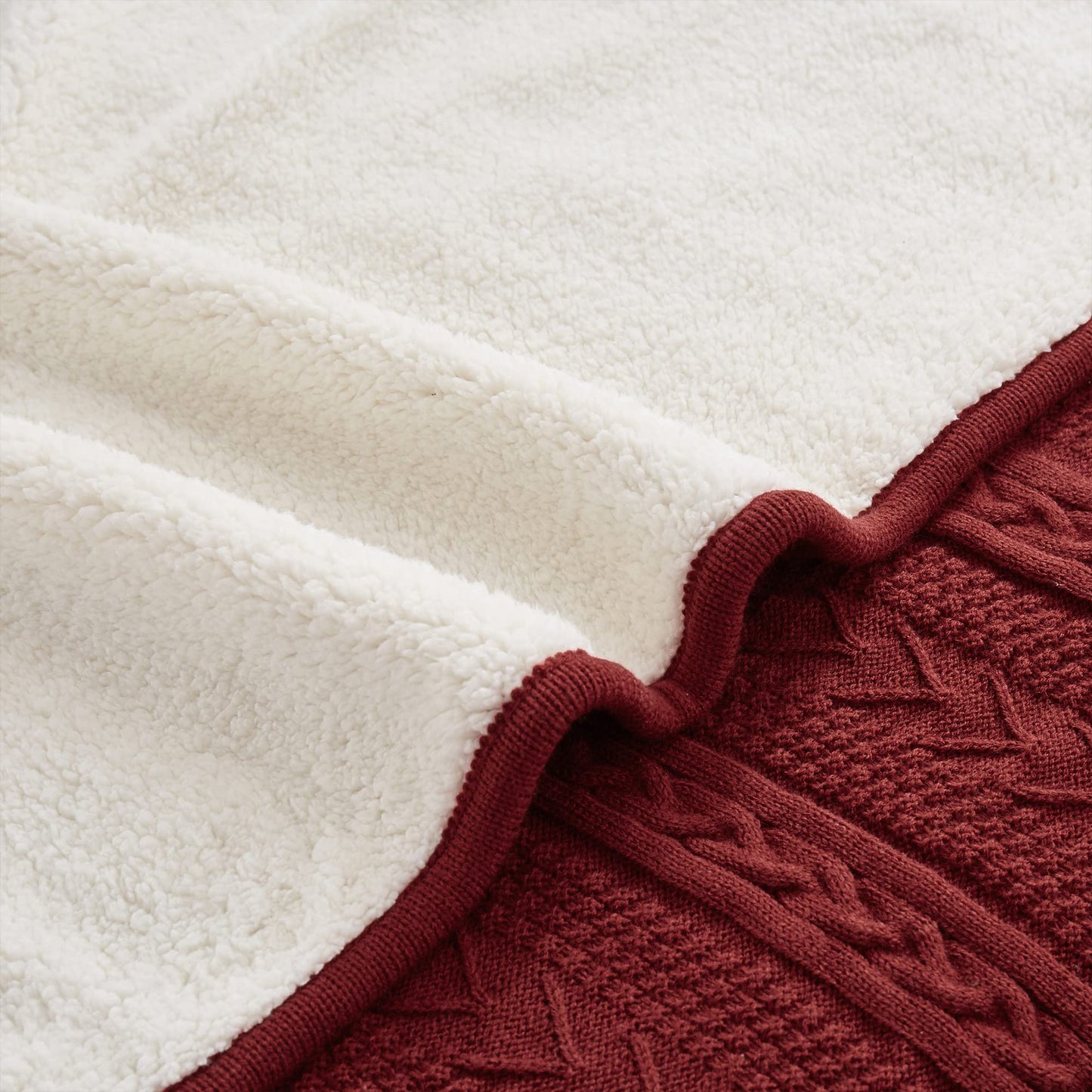 Longhui bedding Wine Red 50 x 63 Inches Acrylic Cable Knit Sherpa Throw Blanket - Thick, Soft, Big, Cozy Knitted Fleece Blankets for Couch, Sofa, Bed - Large Coverlet All Season, Burgundy Color