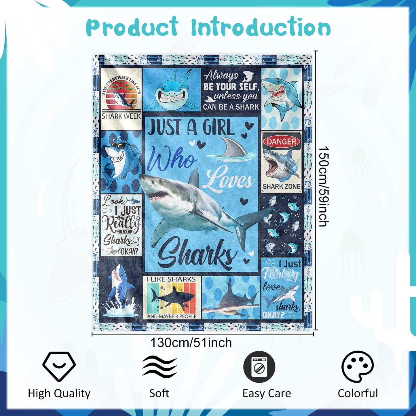Wxiben Shark Throw Blanket Gifts - Ocean Animals Blanket Gift for Boys Girls Shark Lovers Just a Girl Who Loves Sharks Flannel Throw Blankets Gift for Bed Couch Sofa Living Room 60x50 inches