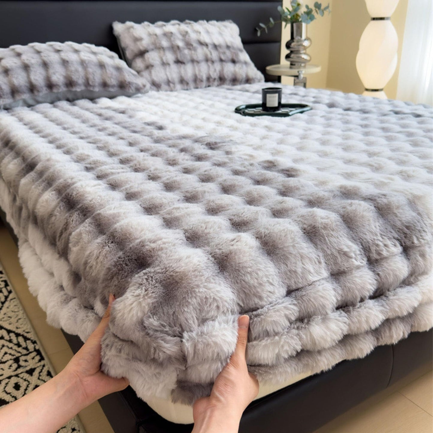 Elastic Bed Sheets, Milk Velvet Fitted Sheet, Winter Warm Mattress Cover, Faux Rabbit Fur Fitted Sheets, Fluffy Mattress Protector Bedspread, Machine Washable and Non-Fade(A,2 Pillowcases)