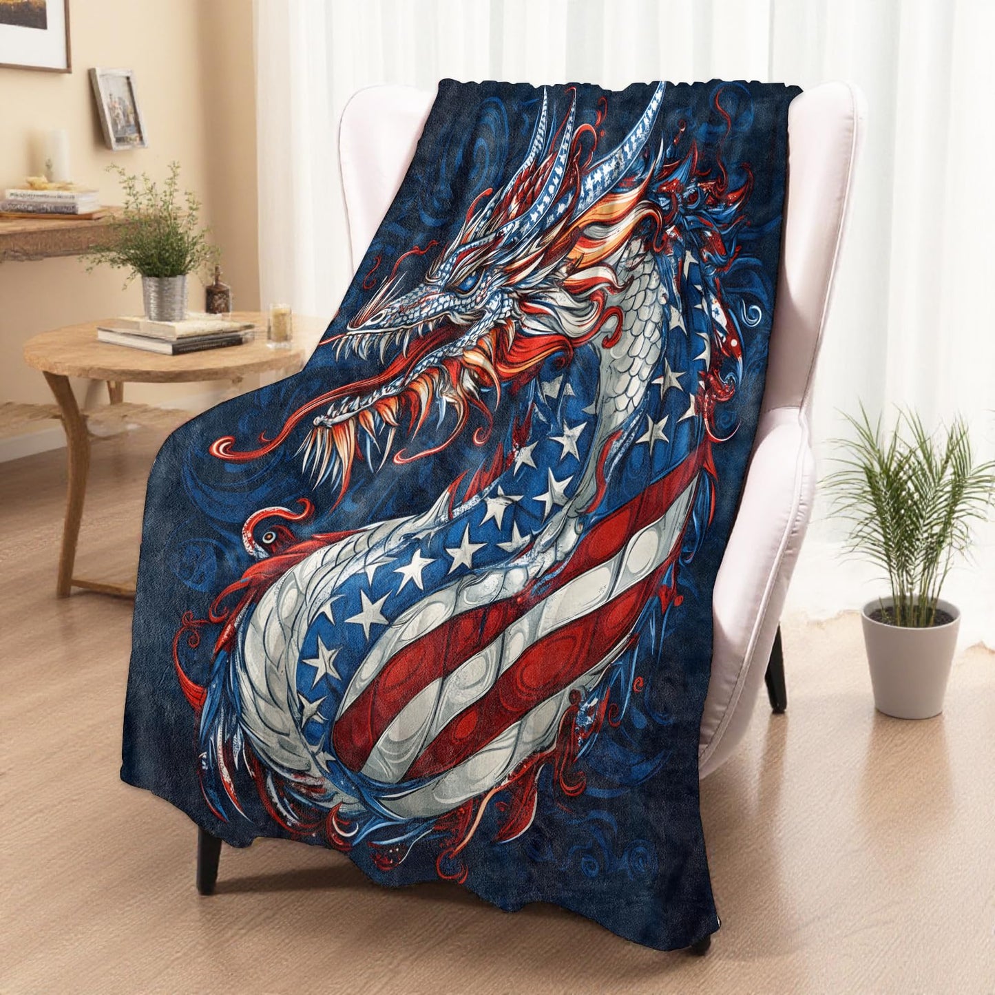 xmwjfd Patriotic Dragon Blanket, Cozy Plush Throw Blanket for Couch Bedroom Outdoor, Lightweight Soft Flannel Travel Blankets, Gifts for Women Adults Kids, Warm Decor 50"×60"