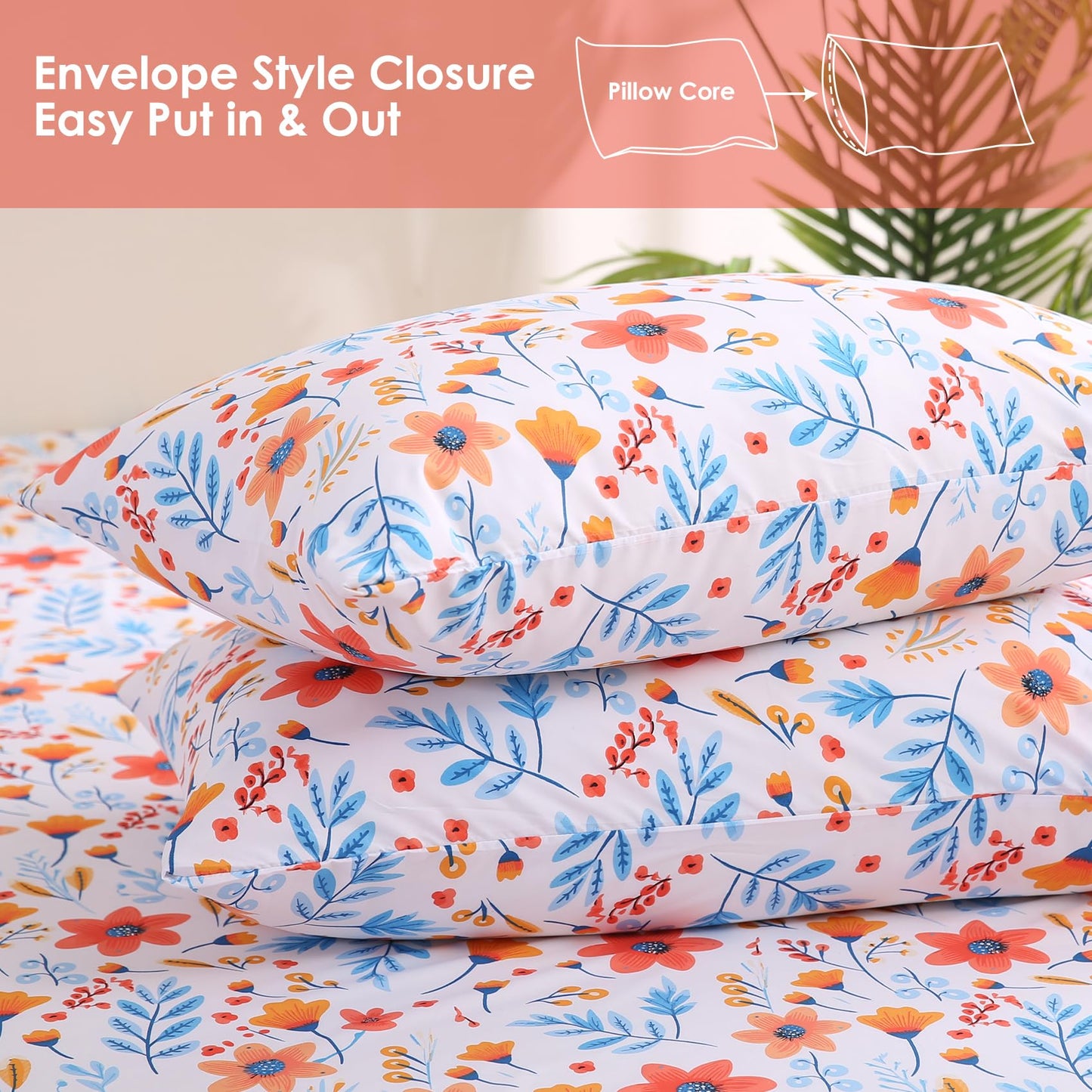 JSD Spring Floral Printed Sheet Set Queen Size, 4 Piece Flower Pattern Microfiber Bed Sheets Deep Pocket