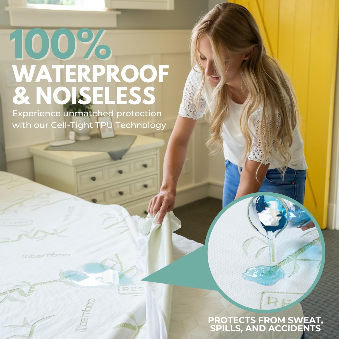 Queen Size 60x80” Premium Bamboo Waterproof Mattress Protector, 100% Viscose from Bamboo, Hypoallergenic, Cooling Mattress Pad Cover, Soft & Breathable Fitted Sheet Style up to 18" Deep - Rest Line