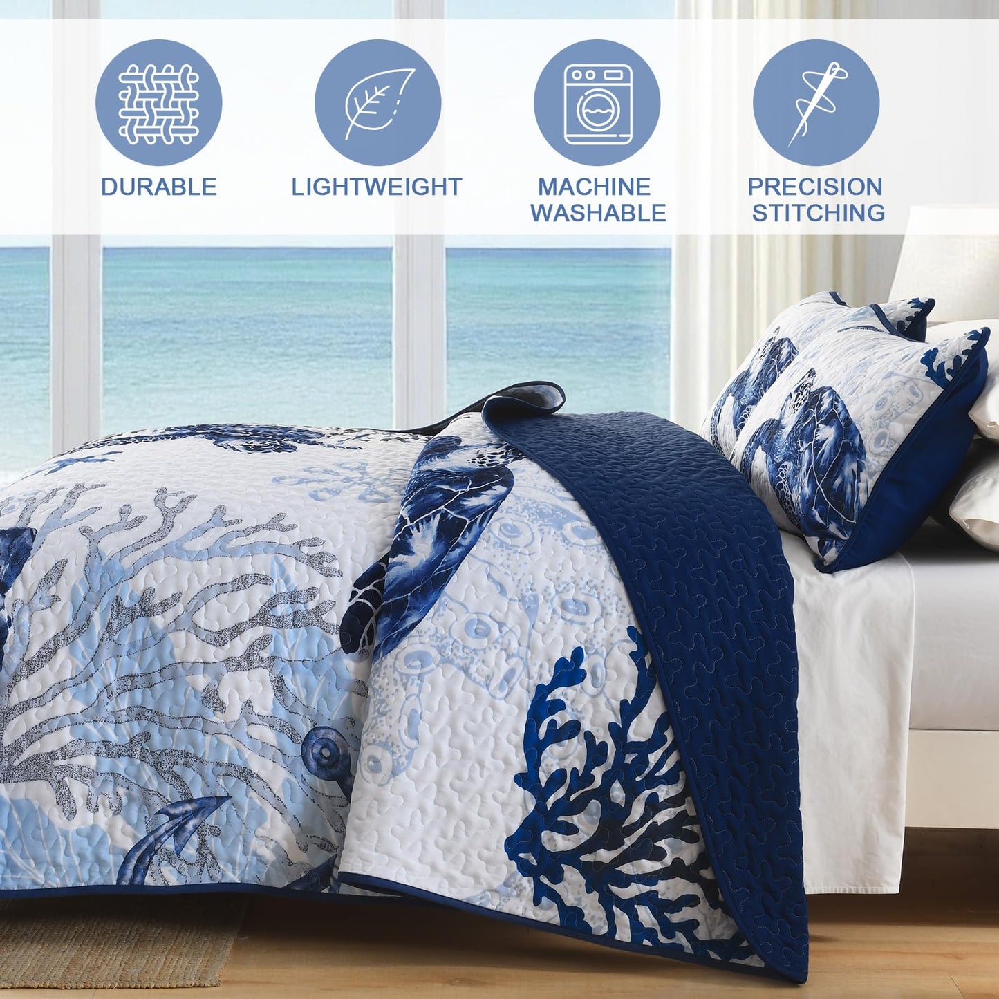 DJY Coastal Quilt Sets King Size 3 Piece, Beach Beach Nautical Bedspreads Coverlet with 2 Shams Soft Lightweight Microfiber Blue Bedding Summer Comforter Set for All Season