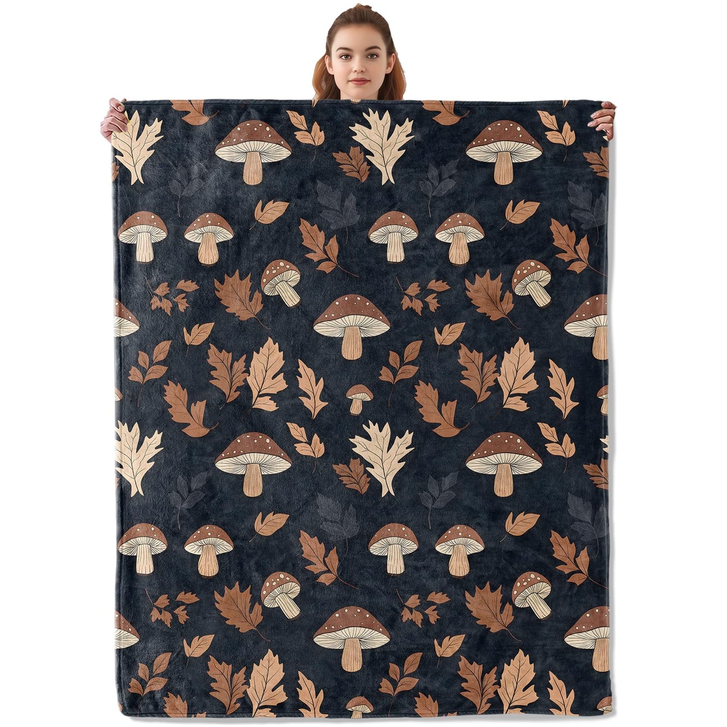 Kibue Cute Mushroom and Autumn Leaves Blanket, Soft Warm Cozy Flannel Throw - Plush Lightweight Blankets for Travel, Decor, Bedroom, Office - Ideal Gifts for Adults Kids Women Men 60"×50"