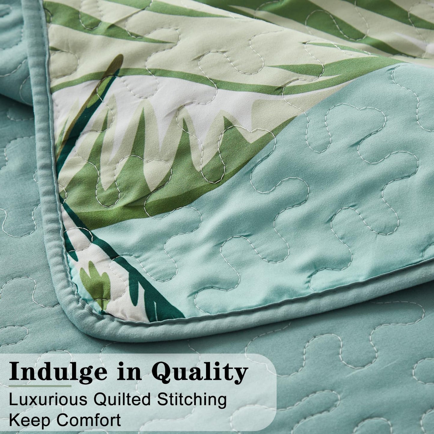 Yogeneg King Quilt Bedding Set,Green Pink Botanical Pattern Sky Blue King/Cal King Quilt Set,3 Piece Lightweight Soft Summer Bedspread Coverlet with 2 PIillow Shams,All Season(Sky Blue,110"x96")