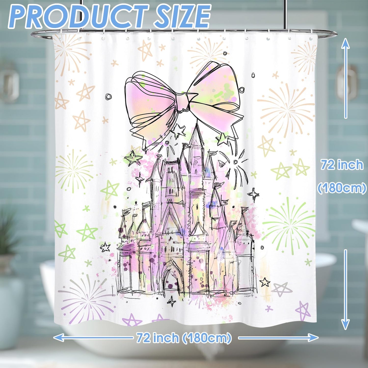 Vehcimbev Cartoon Castle Shower Curtain Fireworks and Bowknot for Girl Bathroom Decor Waterproof Curtain with Hooks for Bathrooms Shower Fabric Showers Curtains Set 72x72Inch