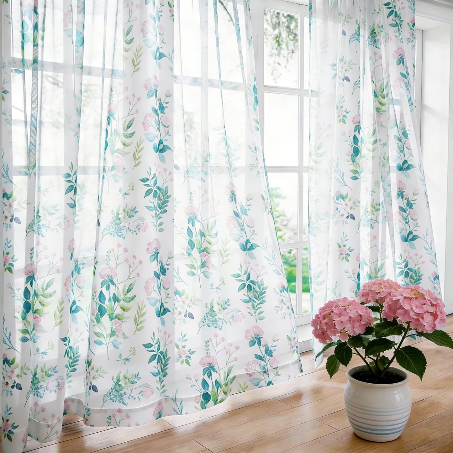 youleyar Floral Sheer Curtains for Living Room 84 Inches Long 2 Panels White Semi-Sheer Curtain with Pink Floral Printed Pattern Summer/Spring Rod Pocket Voile Drapes for Bedroom, 52" W x 84" L
