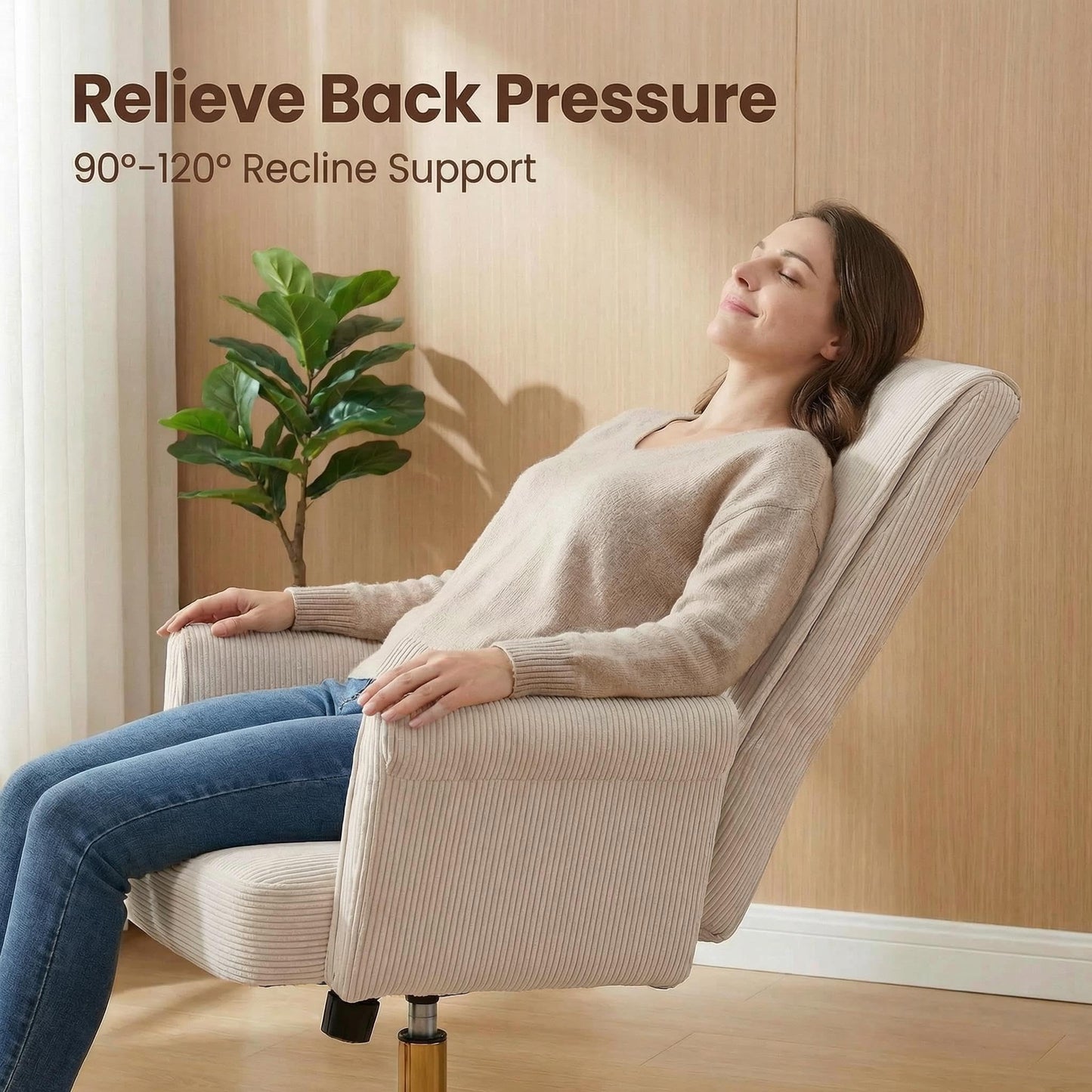 Stripes Velvet Home Office Desk Chair, Accent Upholstered Modern Height Adjustable Swivel Chair with Wheels,Ergonomic Task Chair for Living Room,Bedroom,Vanity,Study,Office（Cream）