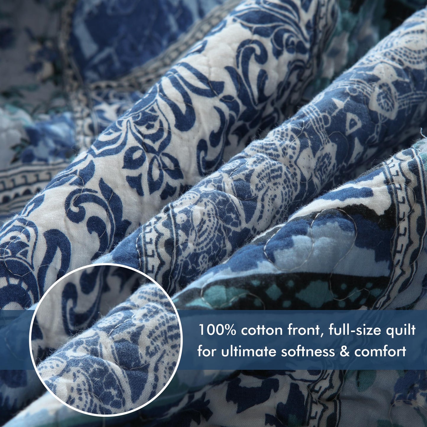 Etwel Cotton Patchwork Queen Size Quilt Set - Lightweight Breathable Reversible Bedspread for Hot Sleepers, Farmhouse Floral Bedding Set with 2 Pillow Shams for All Season (90"x98", Navy Blue)