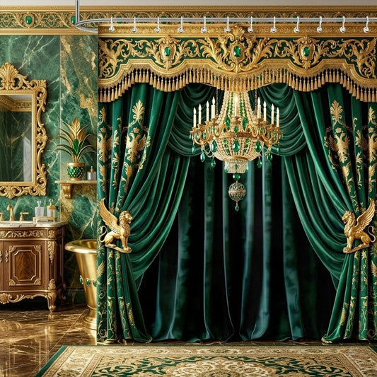 Raelith Luxury Emerald Green Shower Curtain, (No Velvet) Elegant European Gold Printed Vintage Modern Fancy Bathroom Decor, Retro Lamp Art Women Grils Shower Curtains Fabric with 12 Hooks 72Wx72H