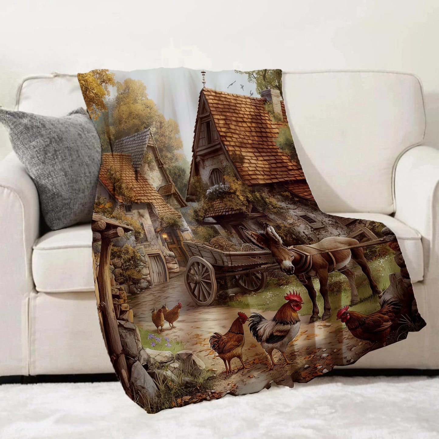 Turamurra Donkey and Chicken Blanket Gifts for Women Rustic Farmhouse Animal Flannel Throw Blankets for Bedding Couch Soft Lightweight Warm Cozy Throws Decor 50x60in