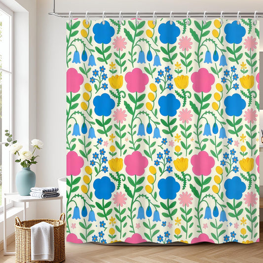 Xiazhilaio Colorful Floral Shower Curtain with Hooks - 71" x 74" Waterproof & Washable Bath Stall Shower Curtain with Cute Botanical Flower Design for Cottagecore Kids Bathroom Decor