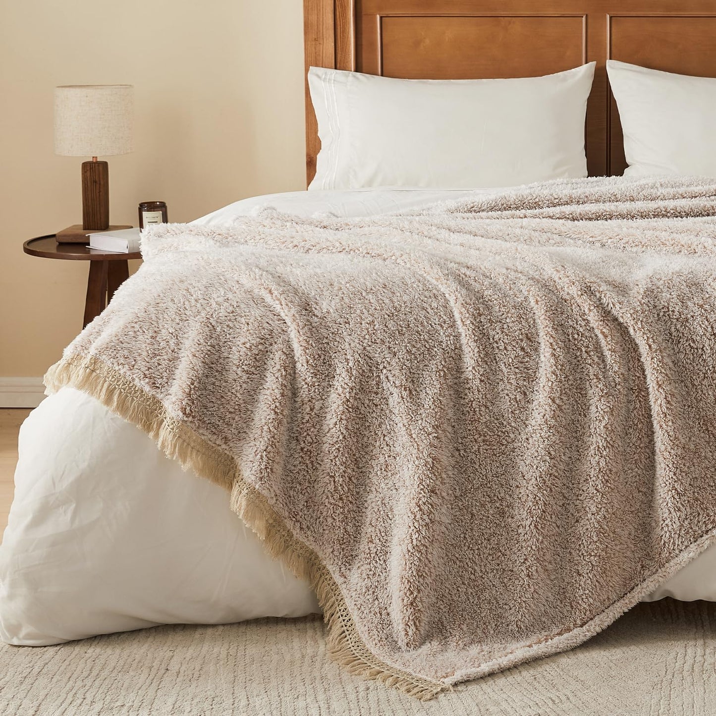 EMME Soft Sherpa Fleece Blanket with Tassel, Reversible Plush Fluffy Large Blanket, Light Weight Warm Decorative Boho Blanket Cover for Sofa, Couch, Bedroom,Travel(Tassel Khaki,108"x90")