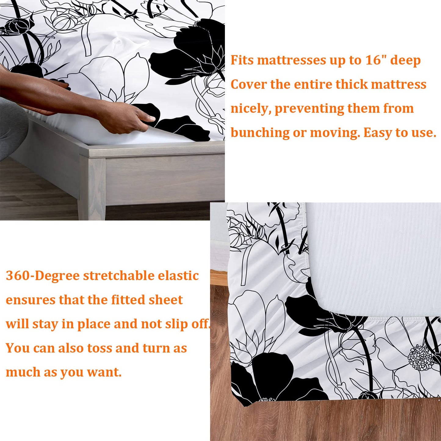 INTOMENG Black and White Floral Sheets Queen Flower Aesthetic Bed Sheets Full Soft Deep Pocket Queen Sheet Set - 1pc Flat Sheet, 1pc Fitted Sheet, 2pc Pillowcases Flowers Ultra Soft
