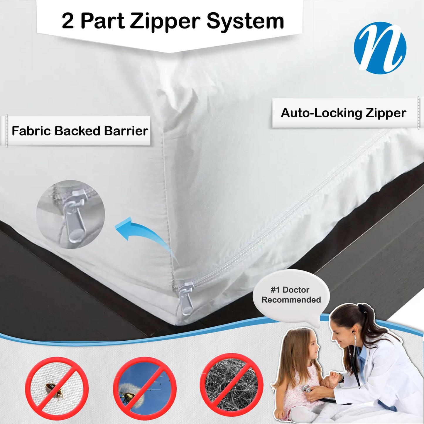 National Allergy 100% Cotton Queen Mattress Encasement 60x80x9, Hypoallergenic, Dust Proof Zippered 6-Sided Cover, Breathable, Noiseless Natural Cotton, AAFA Certified