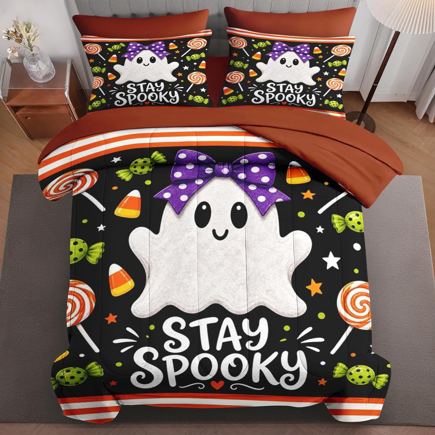 Boewywh Comforter Set Twin Size Halloween Ghost Spooky 7 Pcs, Bedding for Kids and Adults, Bed Sheet Sets with Fitted Sheet 2 Pillowcases & 2 Shams for Bedroom Bed Decor