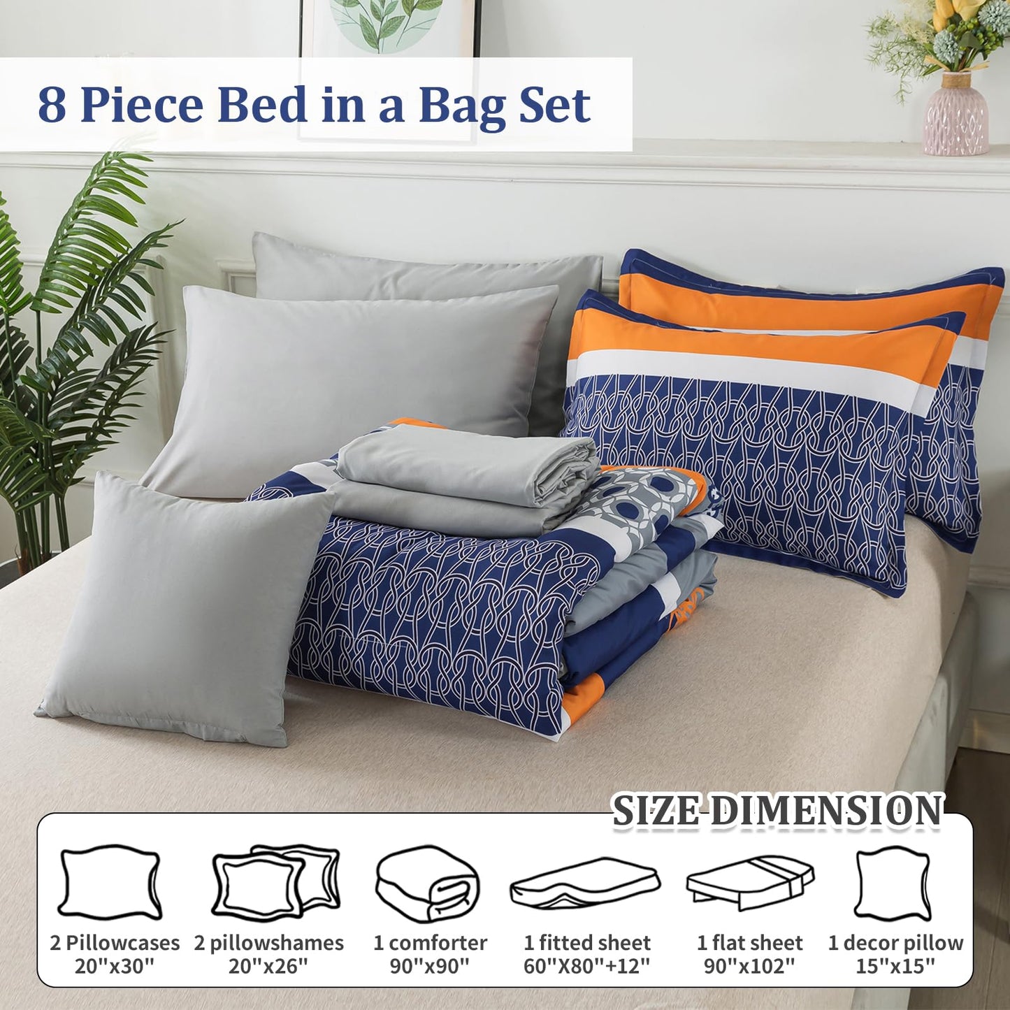 8 Pieces Bed in a Bag Stripe Comforter Set Queen Size,Blue Patchwork Striped Comforter with Sheets Set Soft Microfiber Boho Bedding Sets (Blue,Grey)
