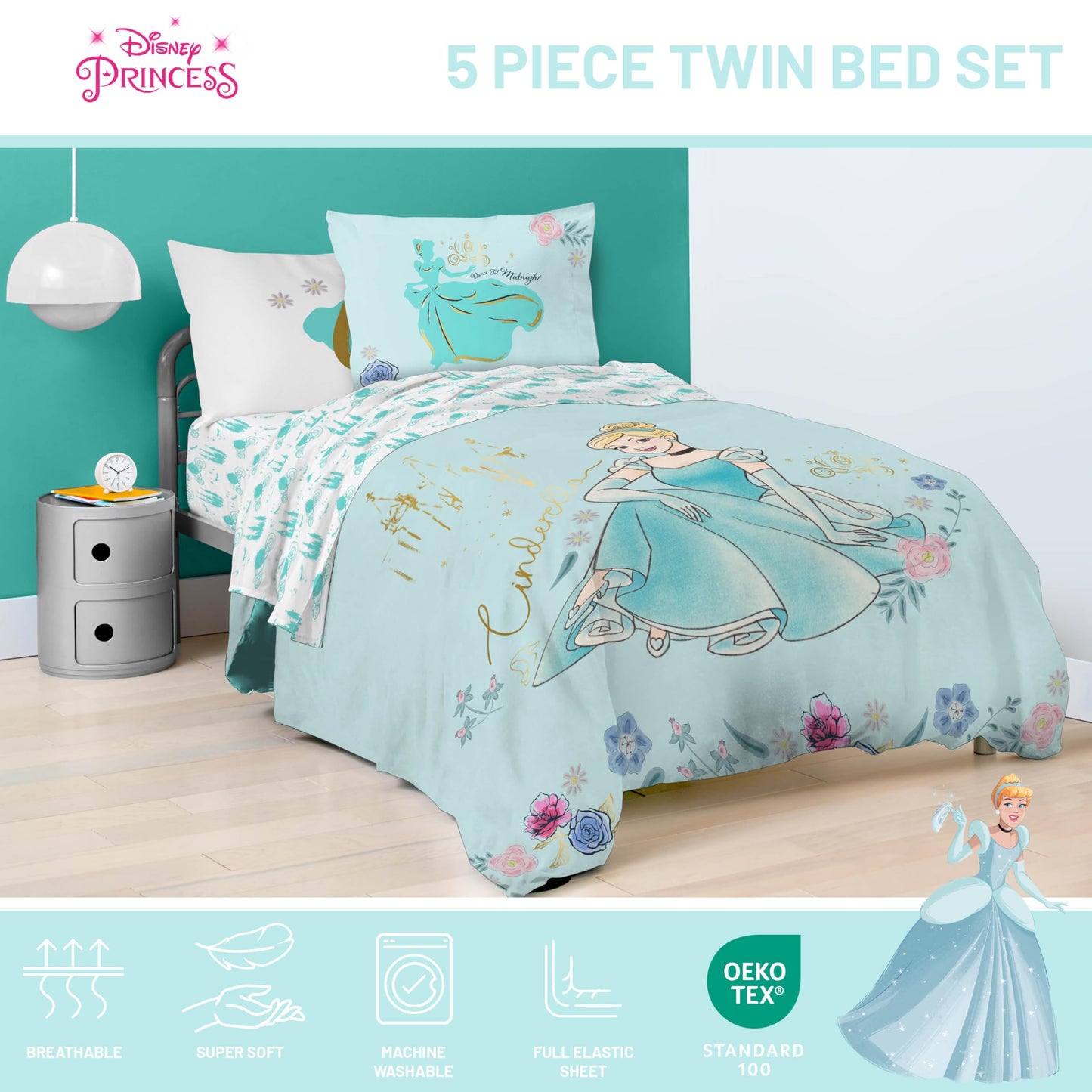 Jay Franco Kids Comforter Set Includes Sheets and Pillow Covers - Soft and Cozy Bed Set for Stylish Room Decor, Official Licensed Bedding, Blue - Princess Cinderella, 5 Piece Twin