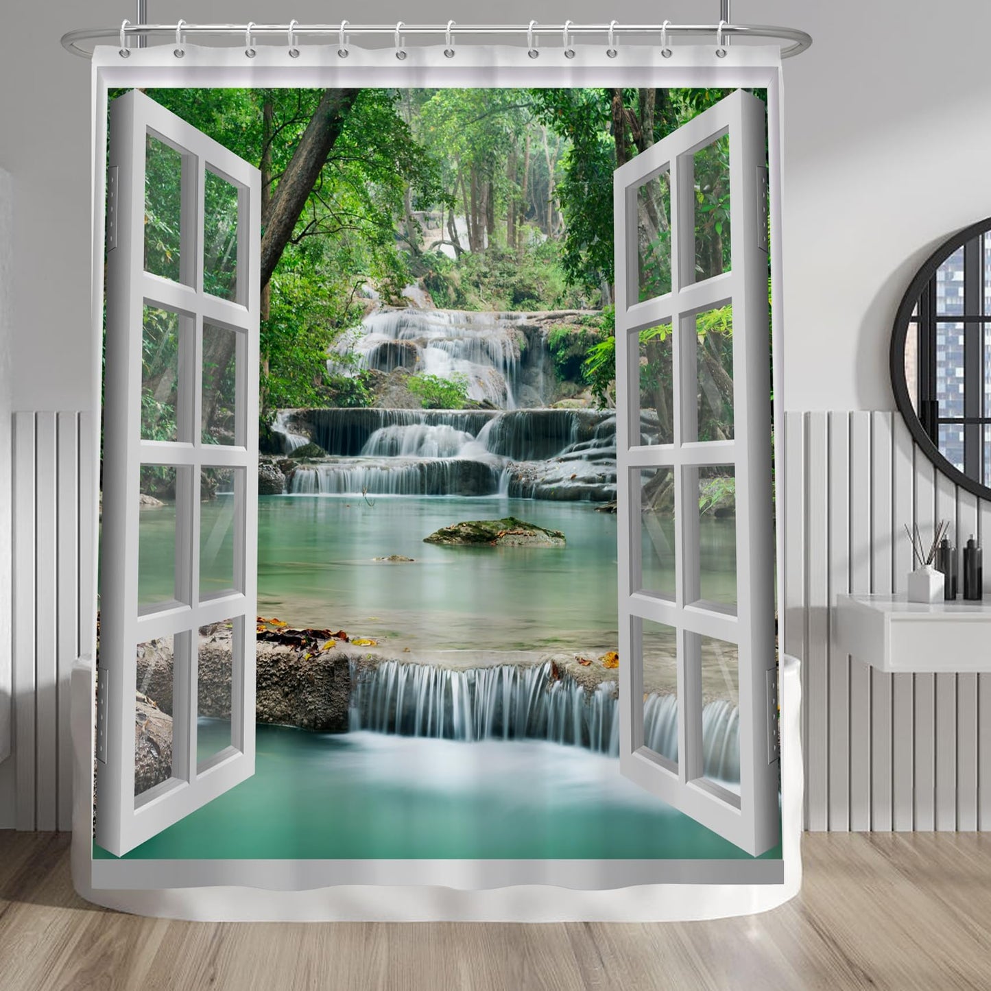 Baocicco Nature Landscape Shower Curtain Summer Forest River Jungle Waterfall Lake Window Scenery Shower Curtains Decorative for Bathroom Waterproof Fabric Shower Curtain with Hooks 60x72 Inches