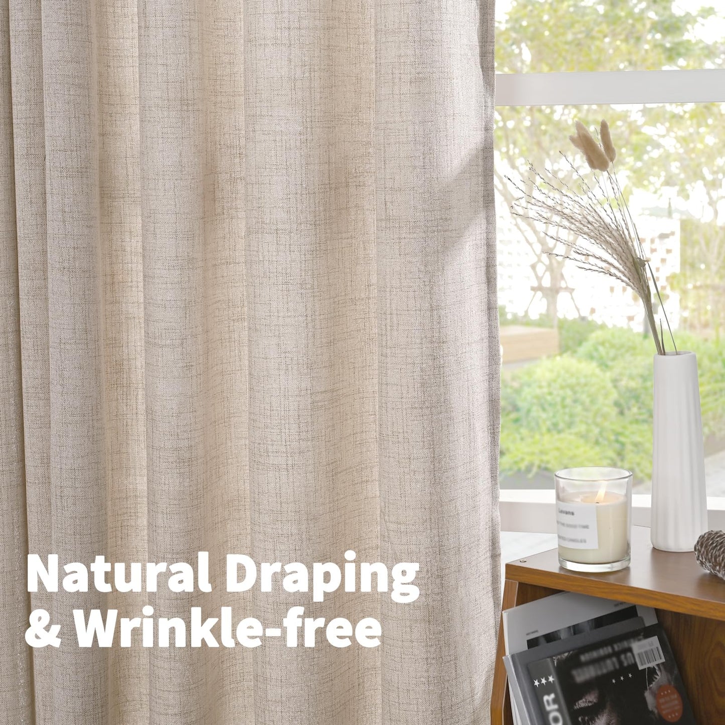 YoungsTex Linen Semi Sheer Curtains 63 Inch Length 2 Panels for Living Room - Light Filtering Drapes with Bronze Grommet Beige Window Treatments for Office Bedroom, 52 X 63 Inch