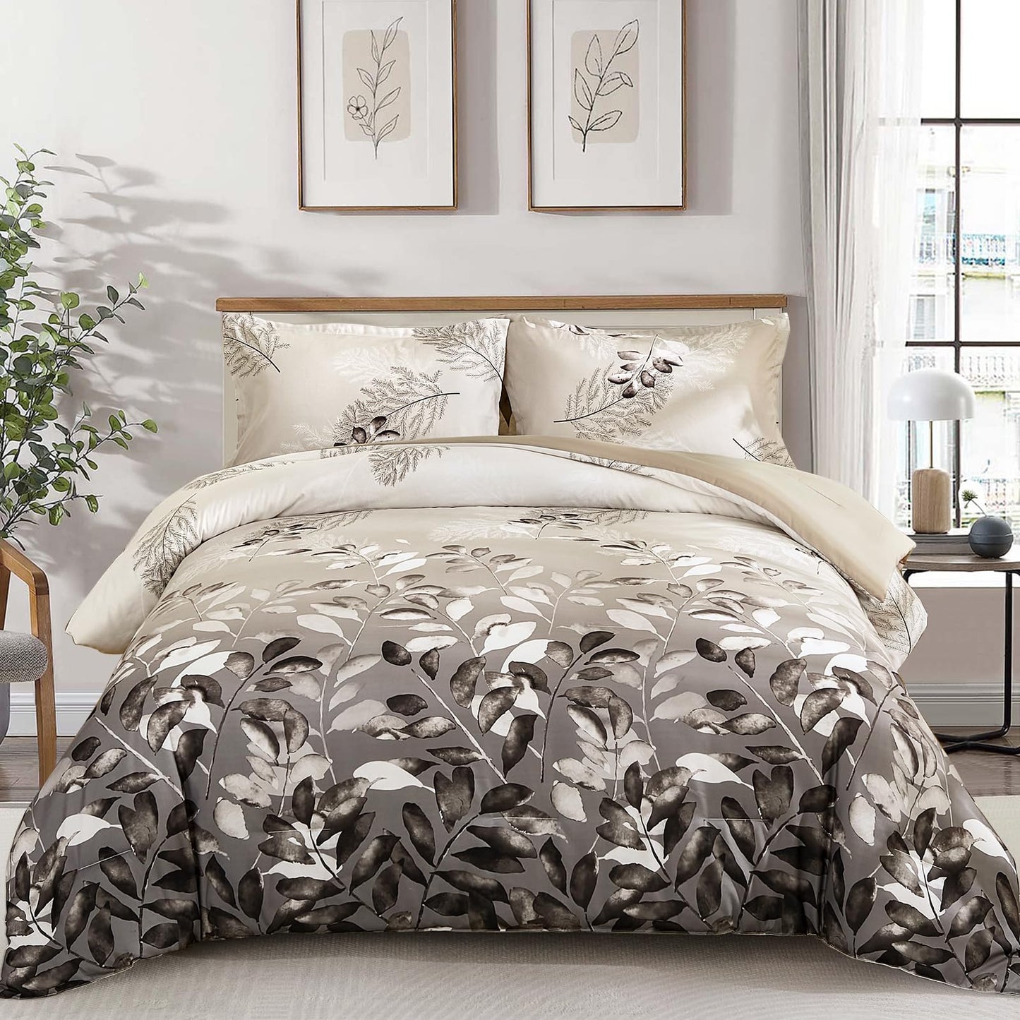 DJY Beige Comforter Set King, 3 Piece Brown Botanical Leaves Comforters with 2 Pillow Shams King Sizes Reversible Floral Comforter Sets Soft Microfiber Bedding Set for All Season (104"x90")