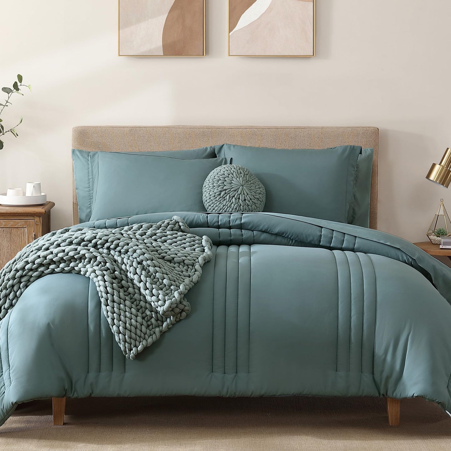Monbix Queen Comforter Set - 7 Pieces Blue Green Bed in a Bag Queen Bedding Sets with Comforters, All Seasons Comforter Bed Set with Sheets,Pillowcases & Shams