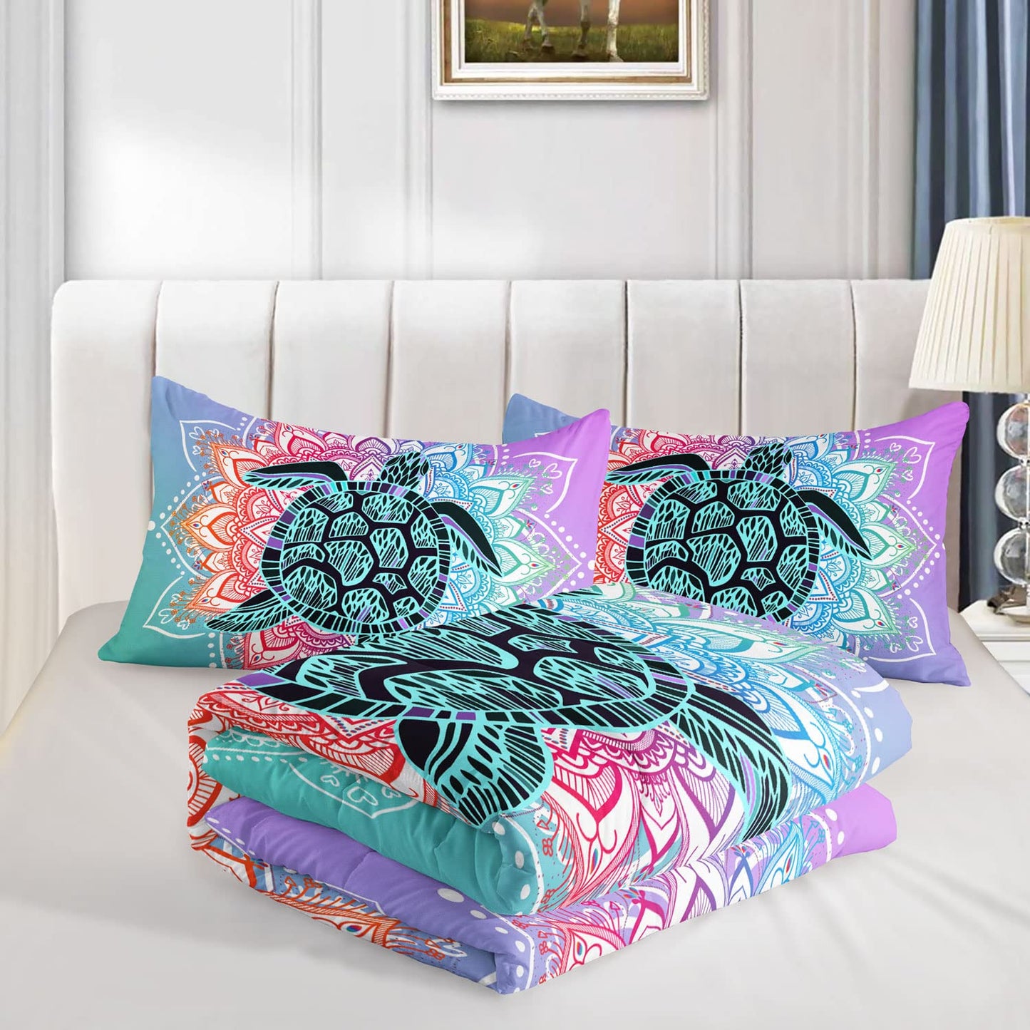 HOSIMA Sea Turtle Bedding,Coastal Beach Themed Comforter Set Twin Size for Kids Teen Girls Boys Room Decor,Mandala Turtle Comforter Bed Set Twin Size with 2 Pillowcases.