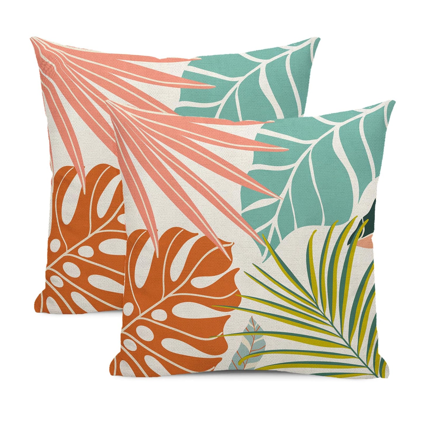GOLIANDA Summer Tropical Pillow Covers 18x18 Set of 2, Monstera Palm Leaf Pillowcase Green Orange Botanical Coral Summer Throw Pillows Outdoor Decor Farmhouse Cushion Case Linen Decorative for Home