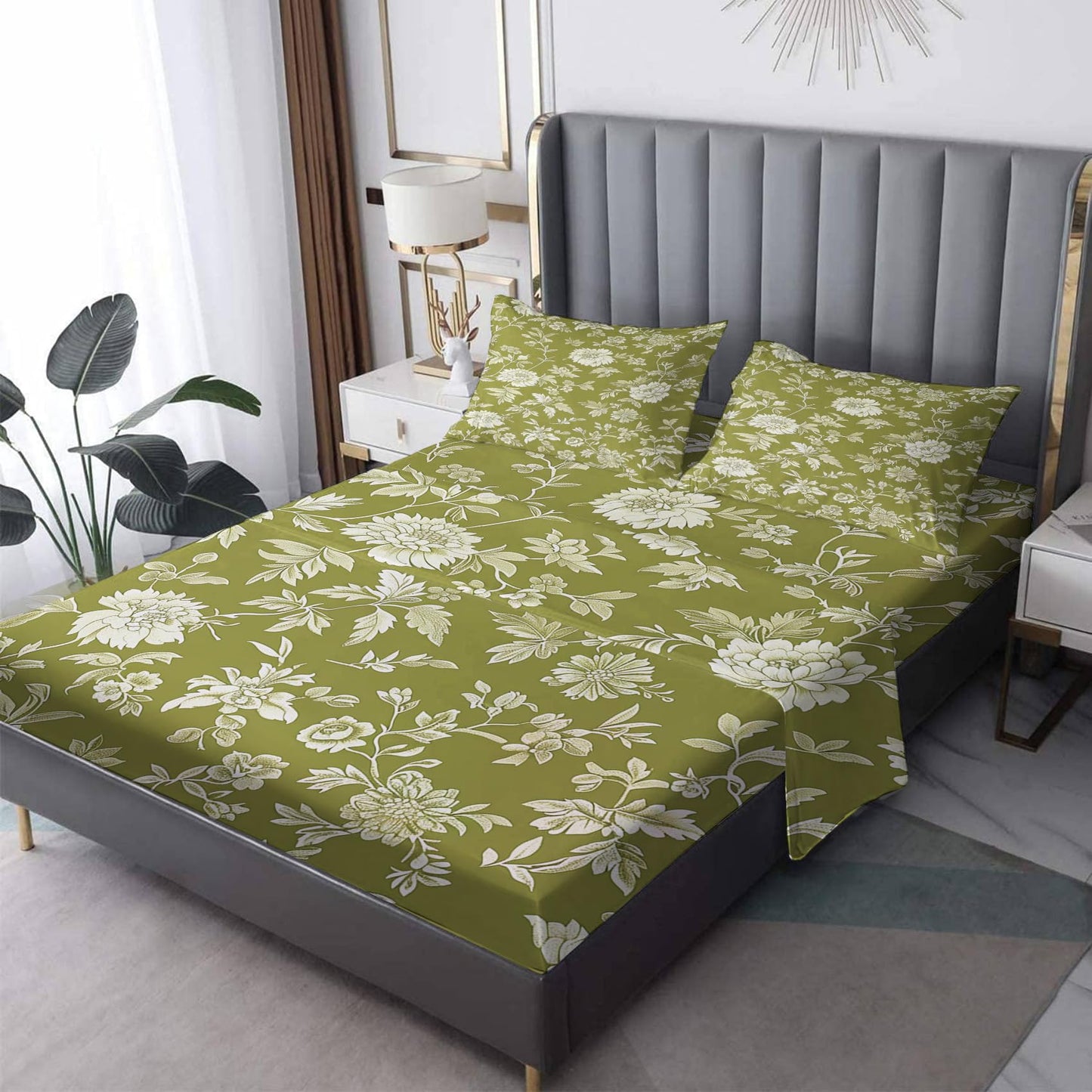 NOGAWA Sage Green Botanical Sheets Queen Size, Floral Flower Bed Sheets, Patterned Bedding Sheets & Pillowcases 4 Piece Set - Soft Microfiber Deep Pocket Fitted Sheet & Flat Sheet & 2 Pillow Cases