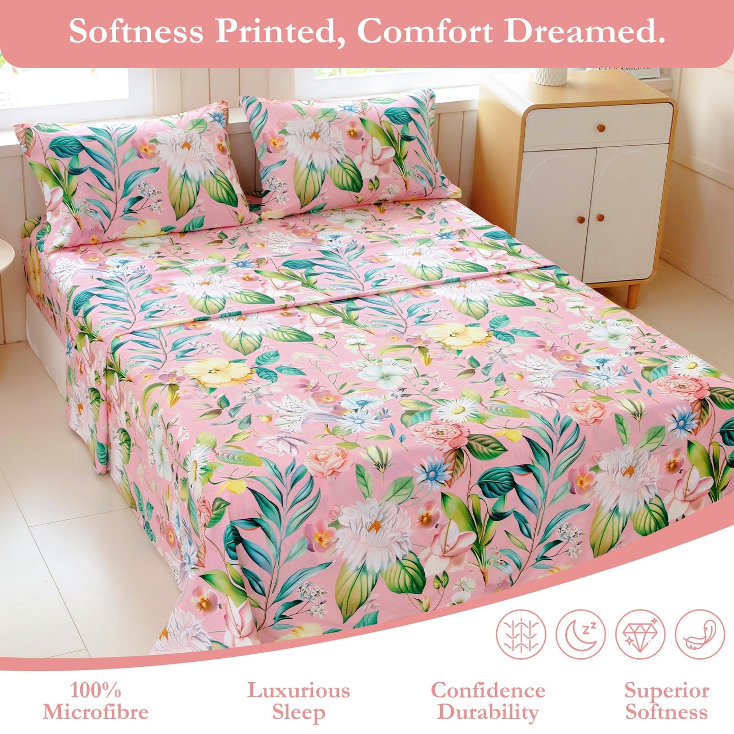 MICORAL Boho Floral Queen Sheet Set, 4-Piece Printed Botanical Bed Sheets, 16" Deep Pocket, Ultra Soft & Cooling Sheet, Oeko-TEX Certified, Blossoming Pink
