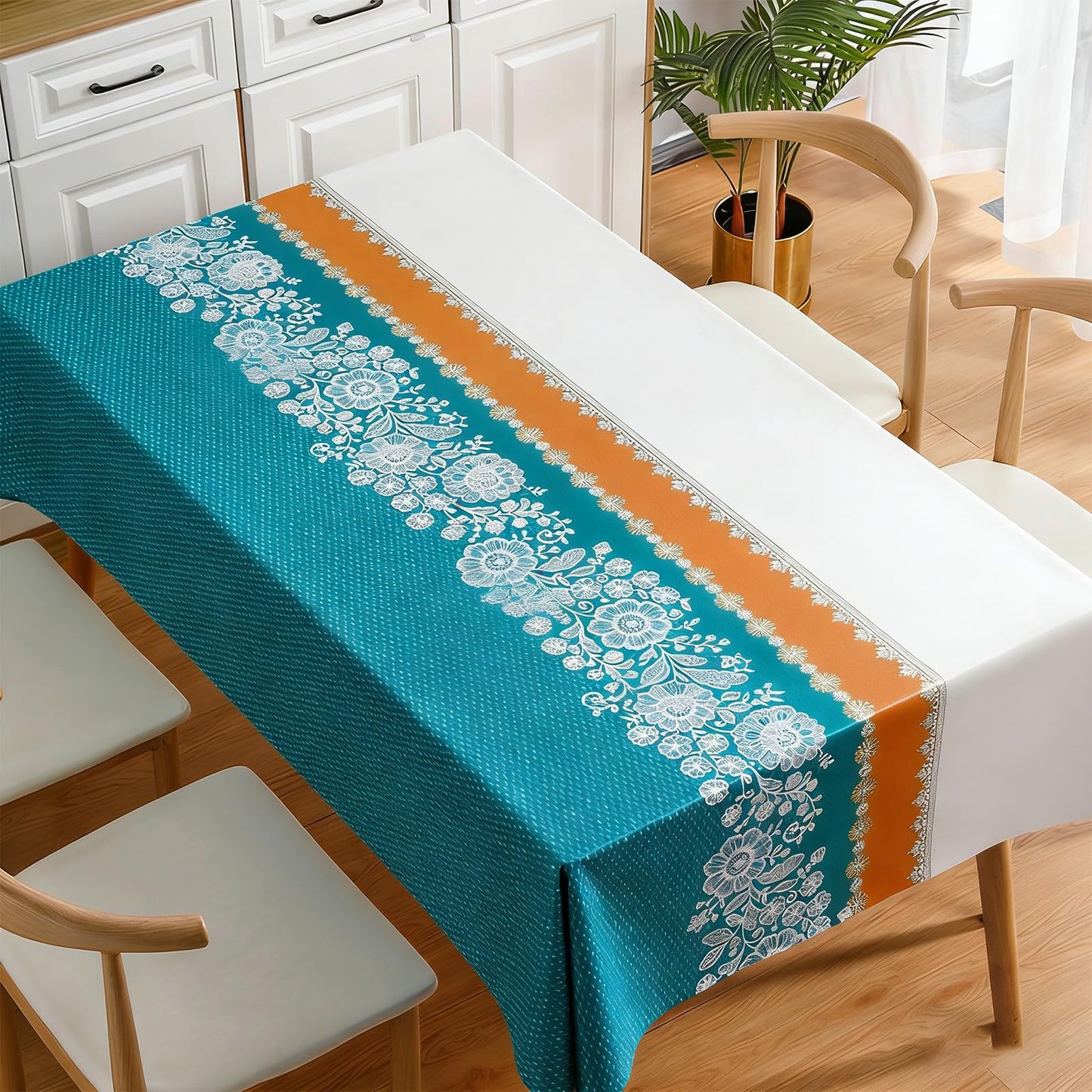 Qvthpv 55 * 70 inch Rectangle Tablecloth, Waterproof, oilproof and heatproof Functions，Just Wipe Gently and There's no Need for Washing for Dining Wedding and Outdoor (Lace - Mihua Blue)