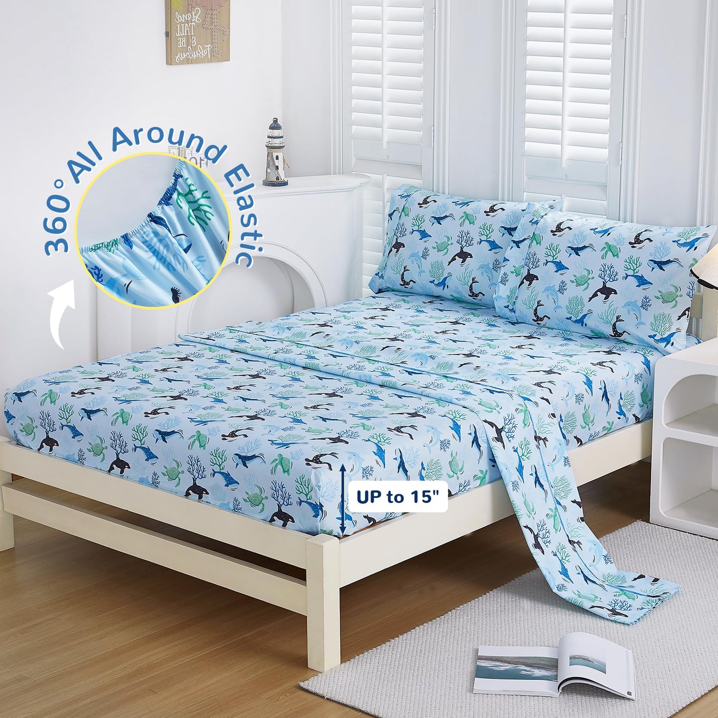 Viviland 3 Pieces Boys Blue Ocean Twin Sheet Set - Soft Microfiber Fitted Flat Sheets & Pillowcase - Blue Ocean Whales, Sea Turtles, Marine Organisms Bedding Sets - for Kids & Toddlers