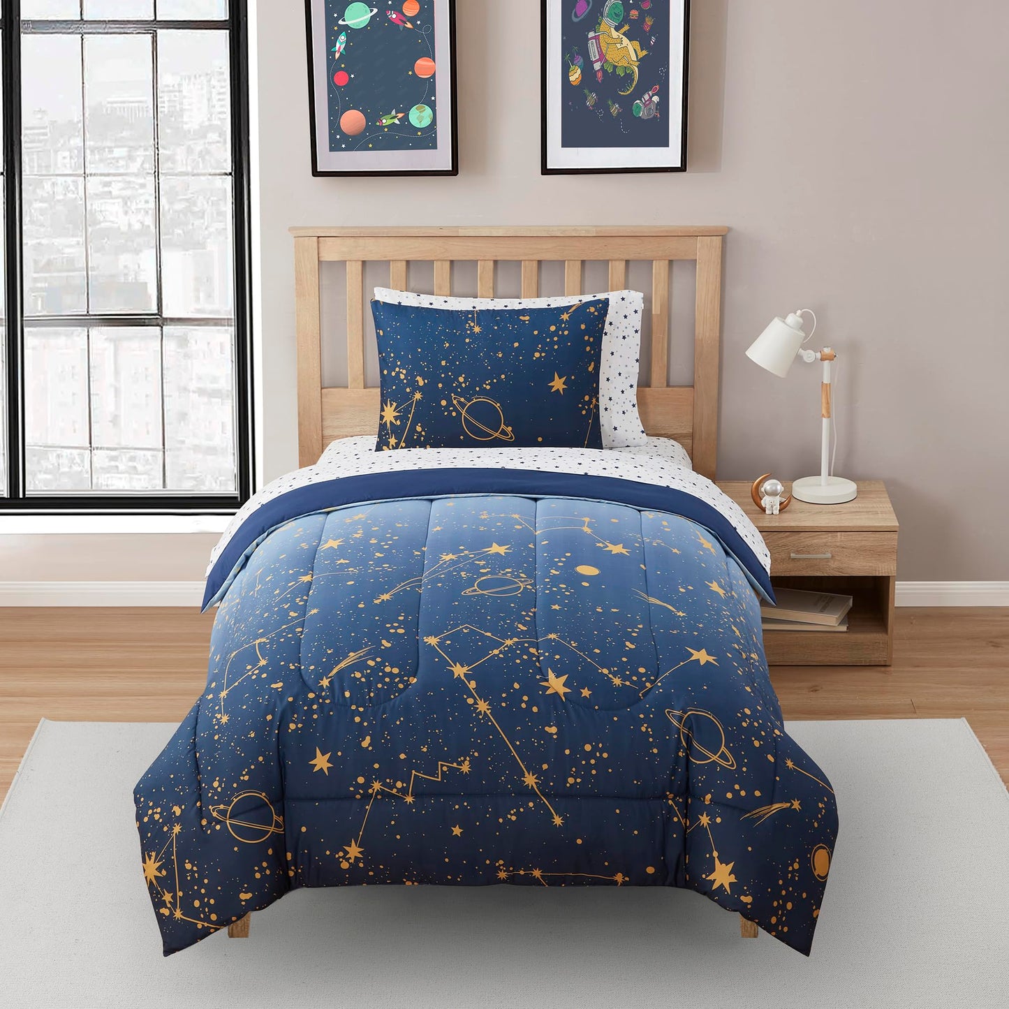 Kids Bedding Set Bed in a Bag for Boys and Girls Toddlers Printed Sheet Set and Comforter, Twin, Galaxy