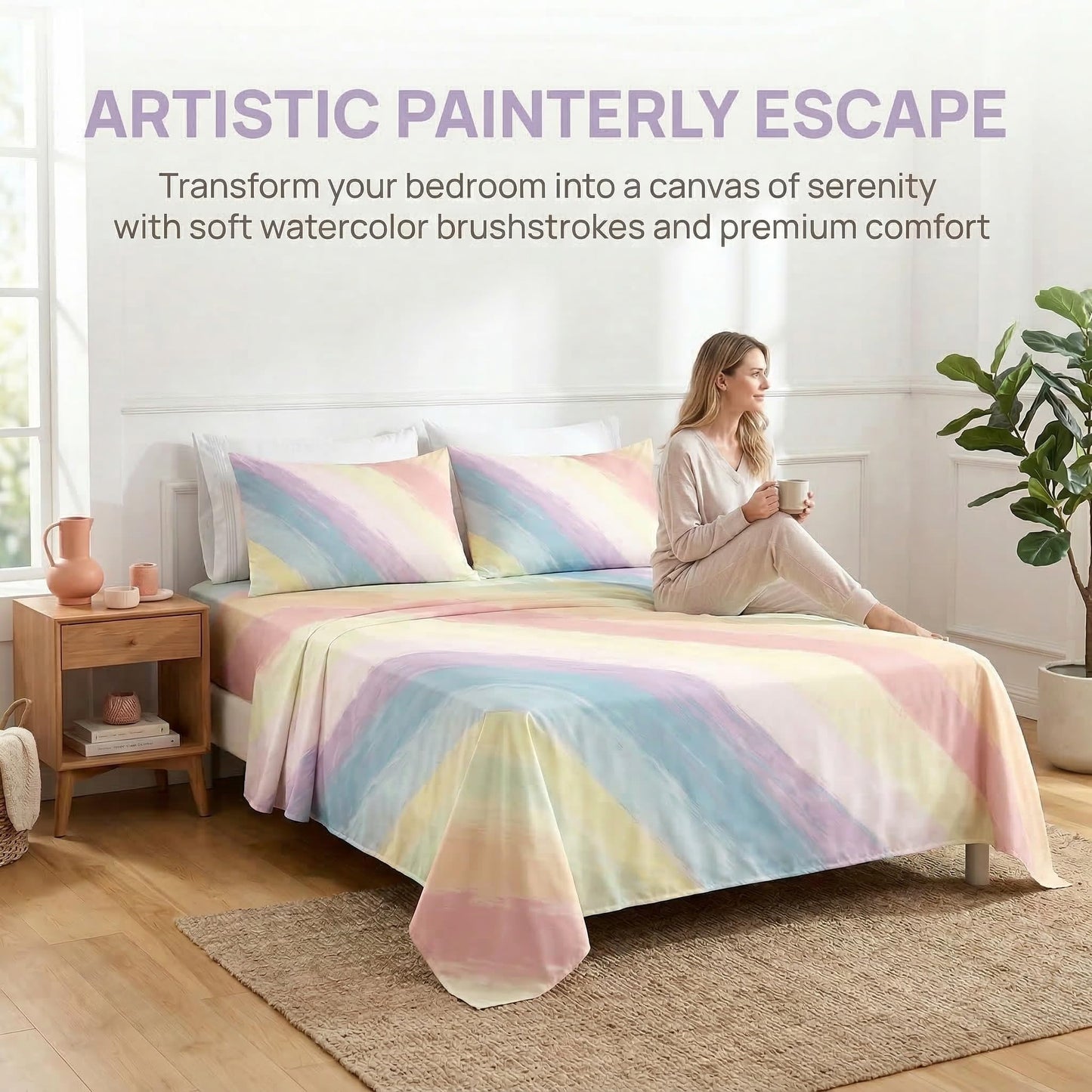 HCORA Floral King Sheet Set, Ultra Soft Double Brushed Microfiber Bed Sheets, Deep Pocket, Breathable, Wrinkle Resistant, Easy Care, 4PC, King